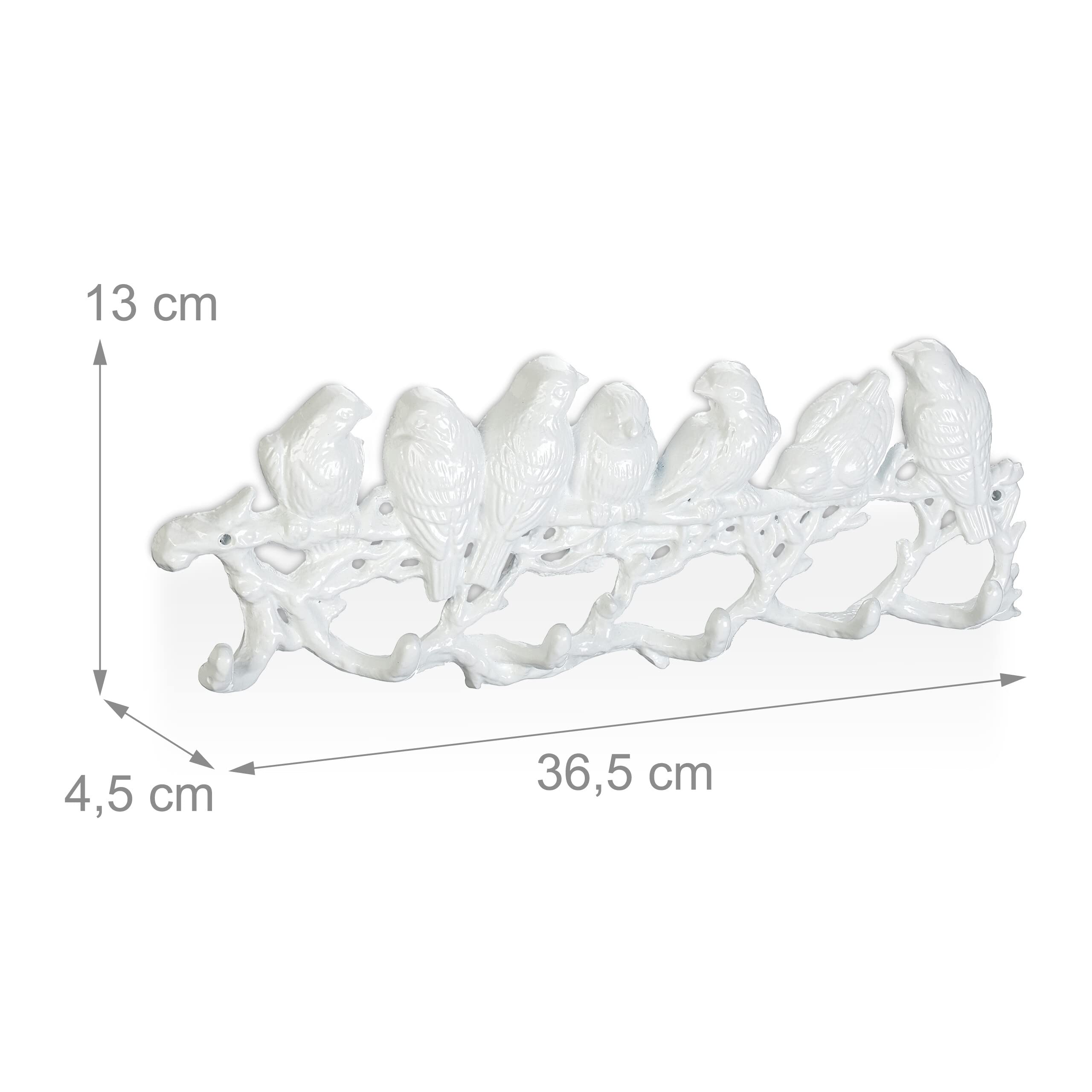 Relaxdays Listwa garderobiana ptak, żeliwo, wys. x szer. x gł.: 13 x 36,5 x 4,5 cm, 6 haczyków na ubrania, antyczna deska na klucze, biała