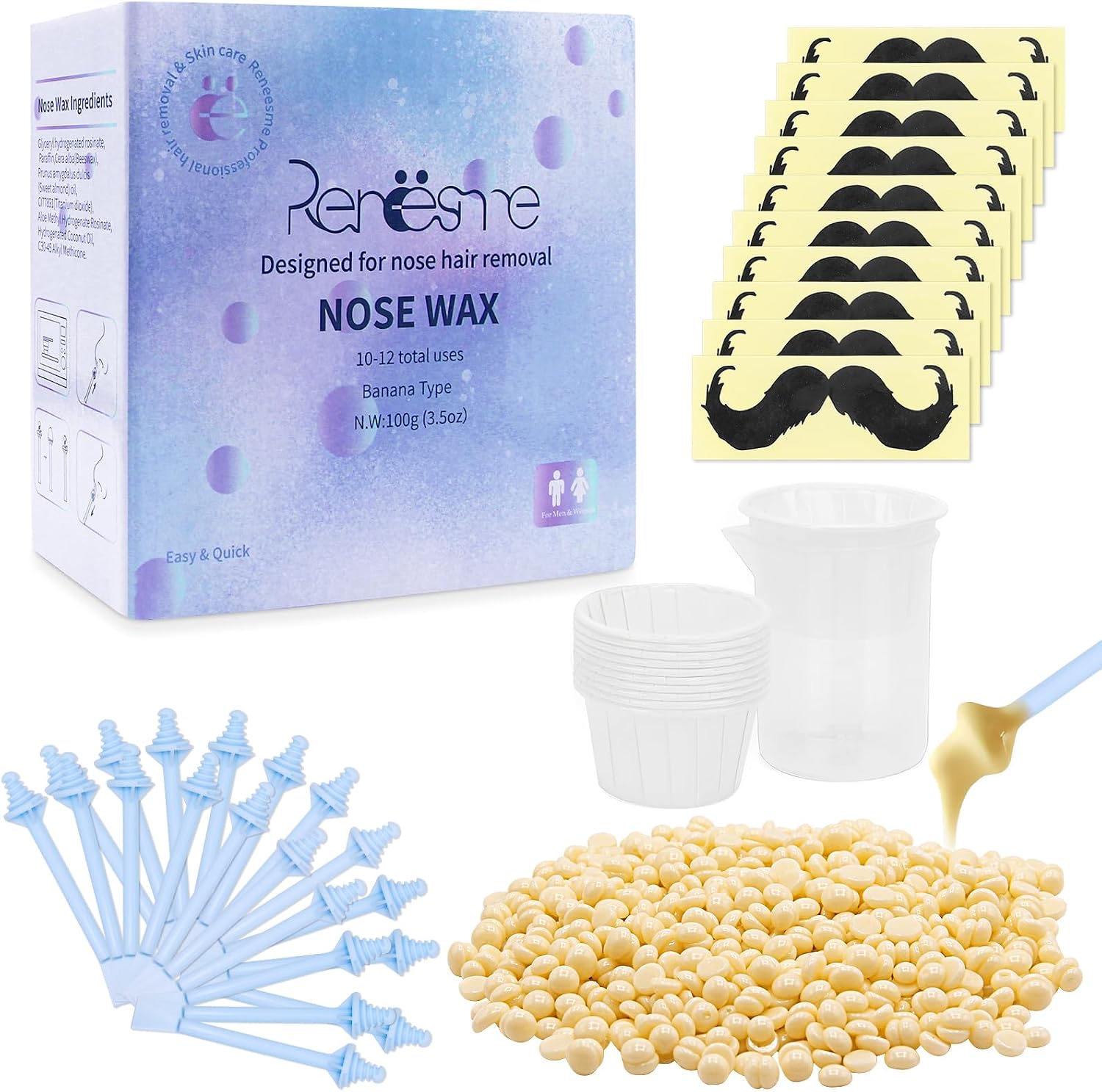 Nose Wax Kit, wosk do włosów w nosie, wosk do nosa z 100 g ziaren wosku, 20 pałeczek do włosów w nosie, 10 pojemników, 1 kubek z miarką 100 ml, 10 naklejek na brodę, wosk do usuwania włosów z