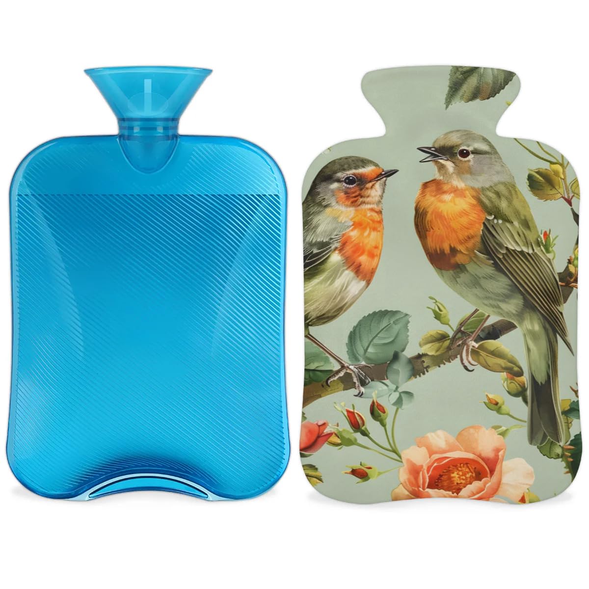 Hot Water Bottle with Soft Cover,2L Bird Flowers Hot Water Bag for Hot and Cold Compress, Hand Feet Warmer, Rubber Hot or Cold Water Bottle Halloween Christmas Decorations