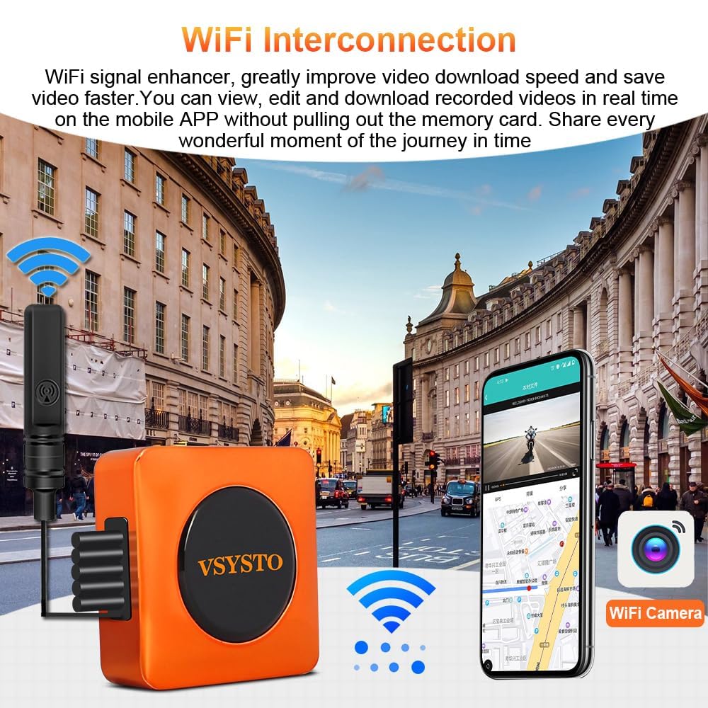 VSYSTO WiFi Motorrad-Dashcam, Parküberwachung, GPS 1080P Front- und Rückkamera, Hochgeschwindigkeits-Video-Download, Kabelsteuerung, Fehler-Vibrationsalarm (Q3DL)
