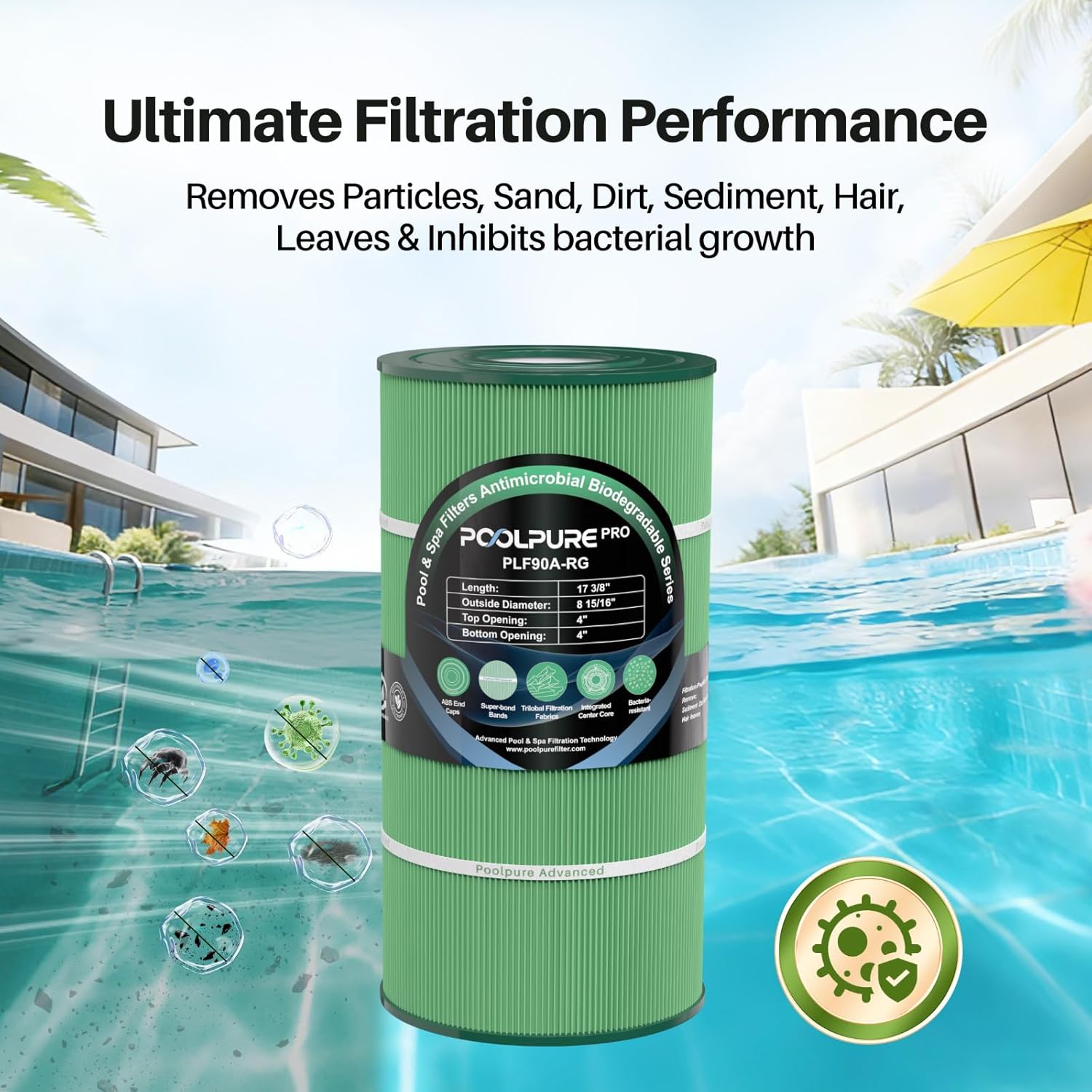 POOLPURE PA90 Pool Filter, Compatible with Hayward C900, CX900RE, Pleatco PA90, Ultral-B6, Unicel C-8409, Filbur FC-1292, Sta-Rite PXC95, Biodegradable Antimicrobial Fabric, LxOD: 17 3/8" x 8 15/16"