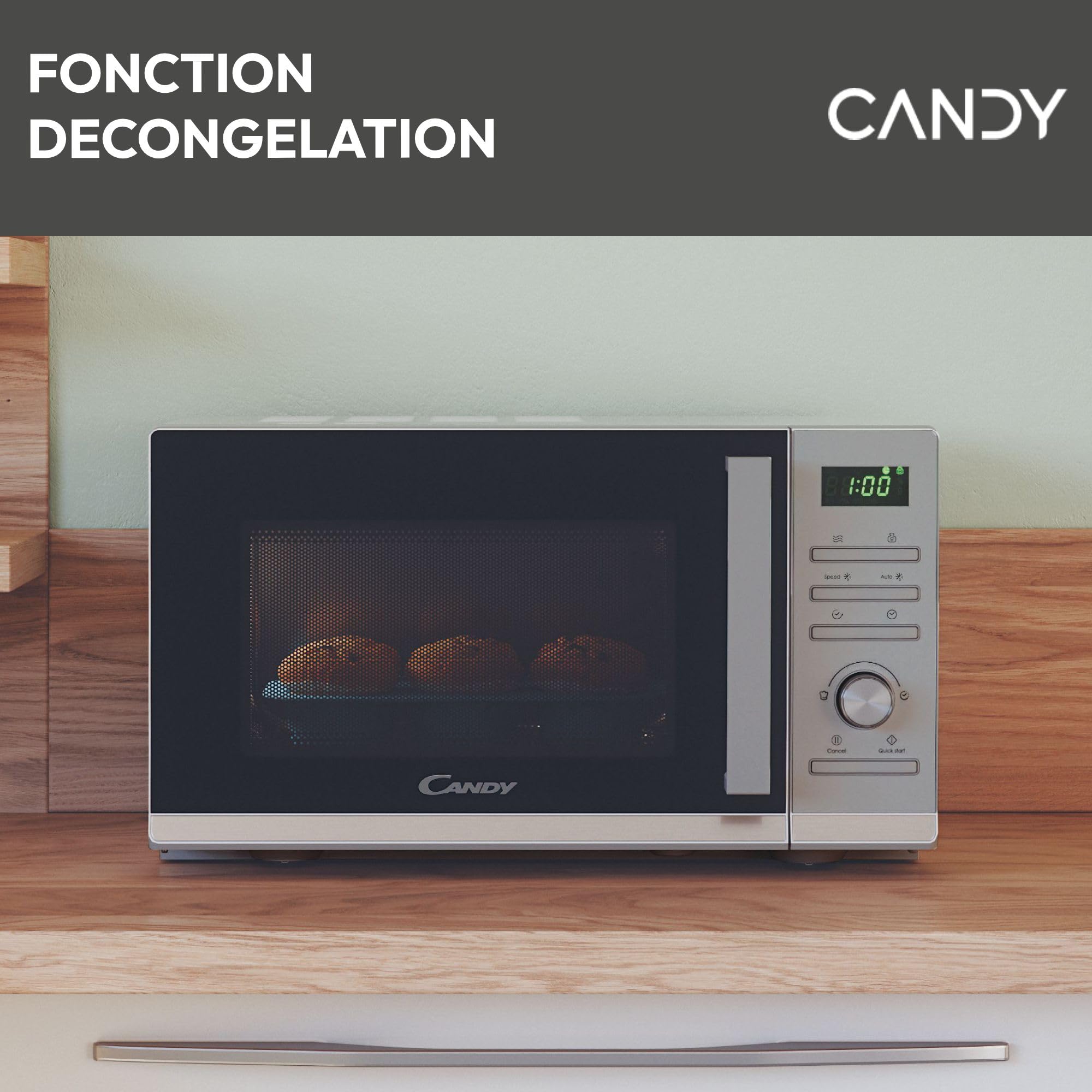Candy Moderna CMWA23TNDS Four Micro-ondes 900W 23L Digital, Fonction Décongélation, 14 Menus Automatiques, Plateau Tournant en Verre, 11 Niveaux de Puissance, Cuisson Express, Sécurité Enfant, Argent