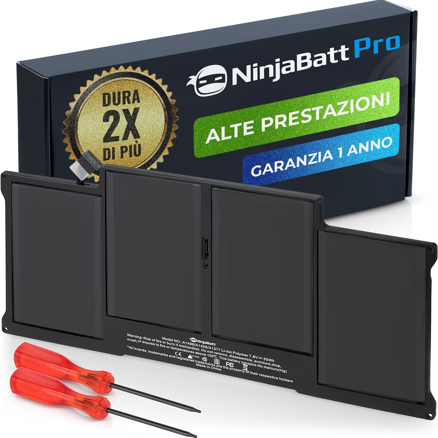 NinjaBatt batteria A1466 A1496 per MacBook Air 13 Inch [2010 2011 2012 2013 2014 2015 2016 2017 Years] A1369 A1405 A1377 - High Performance [7200mAh/55Wh/7.6V]