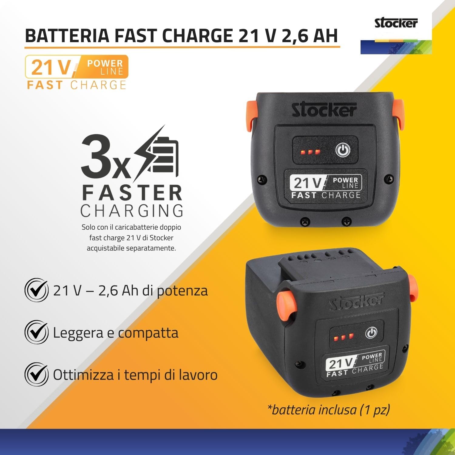 STOCKER - Kit Potatura Professionale Motosega Magma E-250 LA 21V con Batteria Fast Charge 2,6Ah, Caricabatterie Doppio 21V e Olio – Sistema Completo per Potatura e Cura del Verde