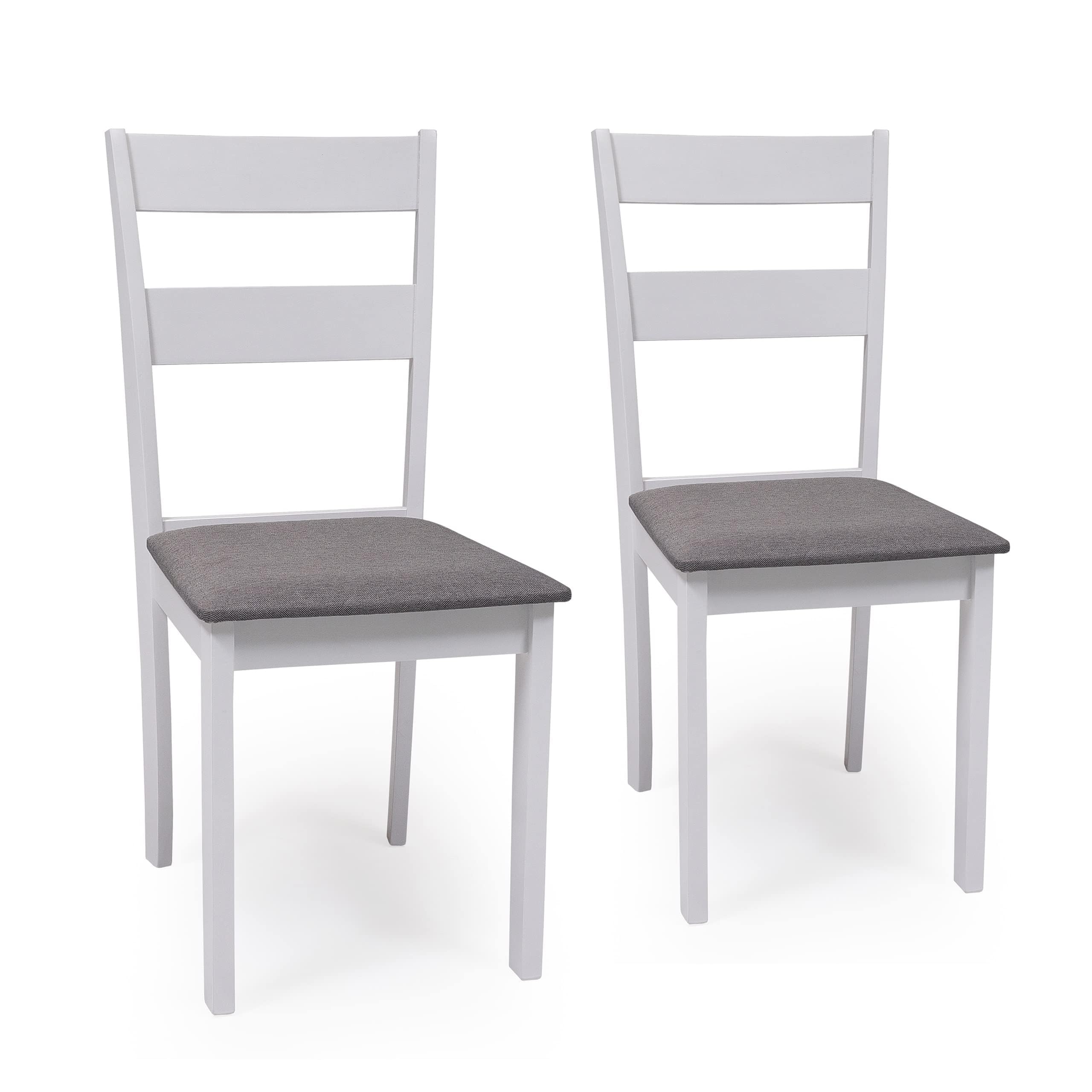 Homely - Conjunto de Comedor Kansas & Dallas White Mesa de Comedor de Madera lacada en Blanco de 112x72 cm y 4 sillas de Comedor de Madera lacadas en Blanco y Asiento tapizado de Tela Gris