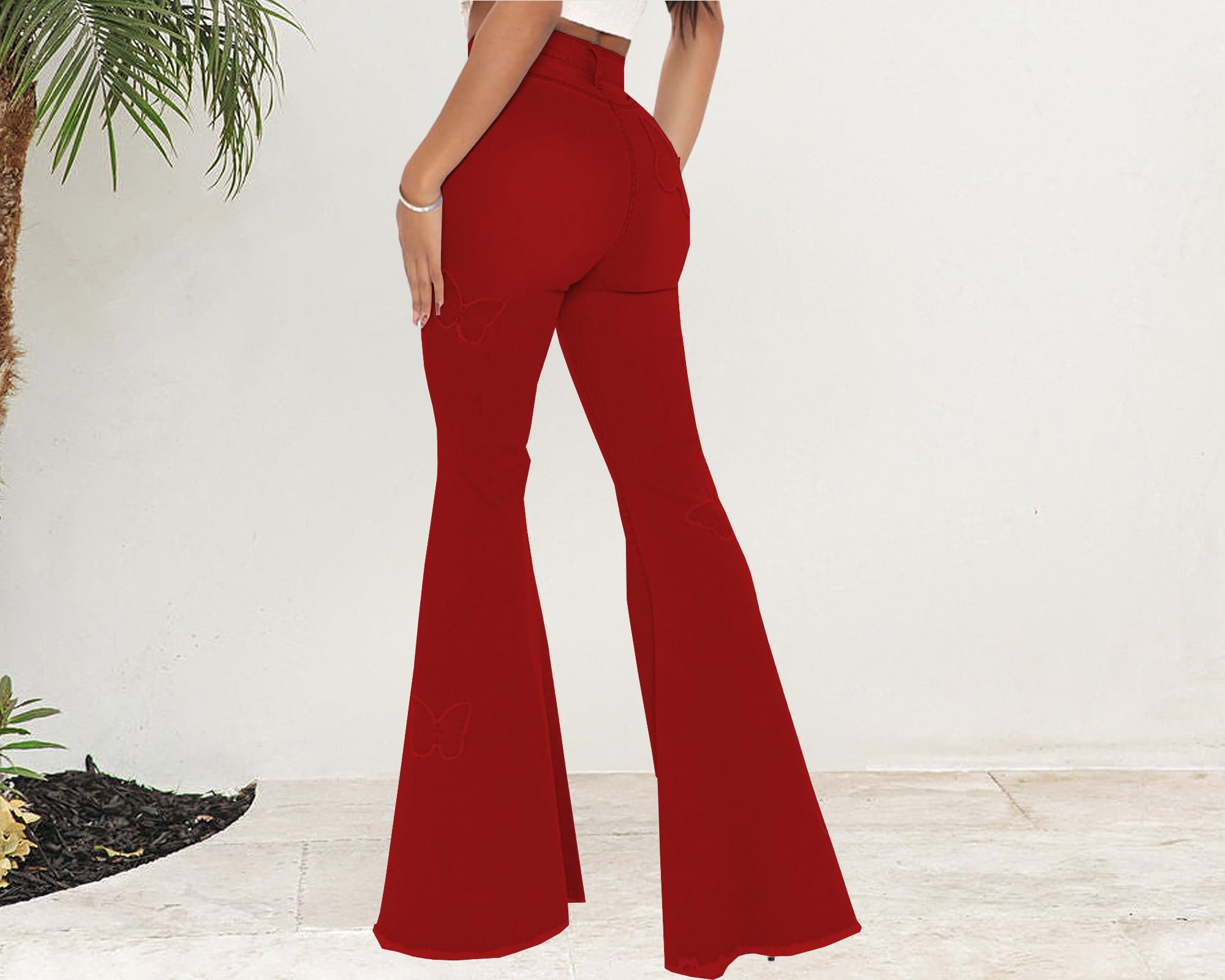 Women's Butterfly Bell Bottom Jeans Elastic High Waisted Embroidered Classic Flareed Jeans Raw Hem Denim Pants with Pocket