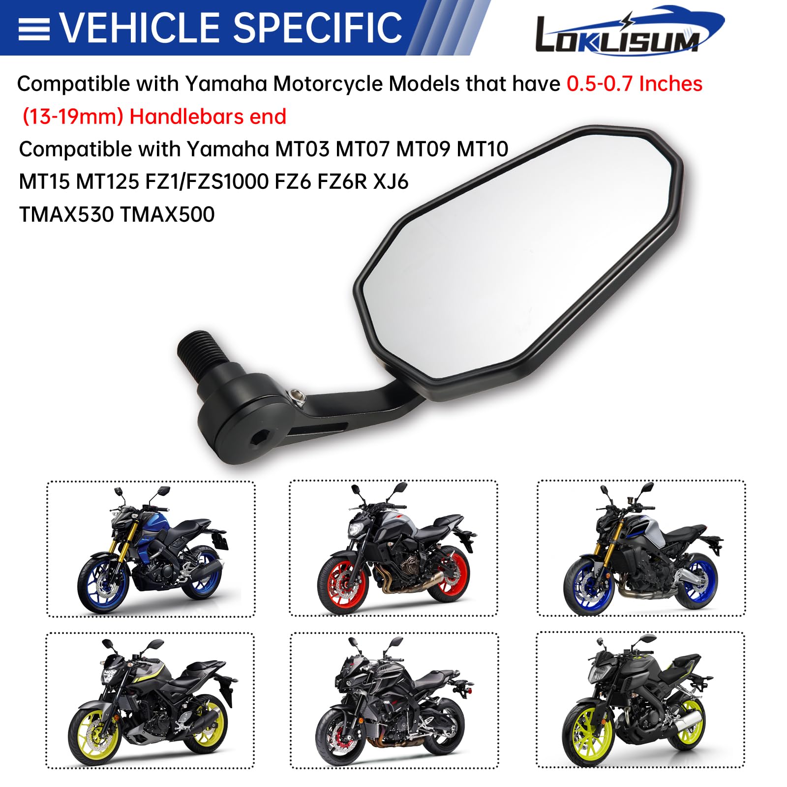 Motorrad Spiegel E-geprüft, 2 PCS Lenkerendenspiegel Motorrad Rückspiegel, 7/8" 22mm Seitenspiegel Kompatibal mit Yamaha MT125 MT03 MT07 MT09 MT10 XSR700 XSR900 FZ1 FZ6 FZ07 (Rhombus)