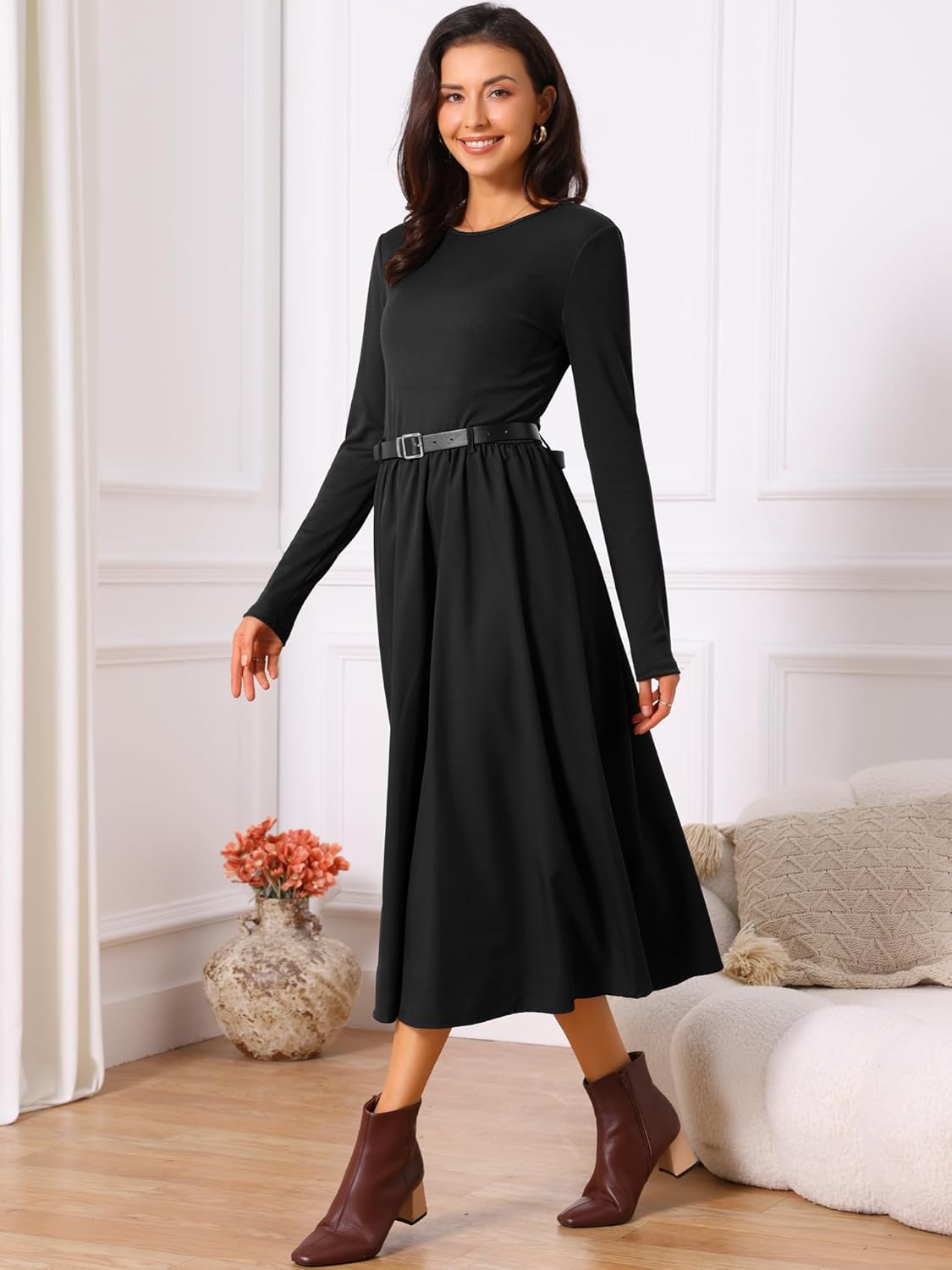 Seta T Women's Midi Dress Crewneck Long Sleeve Flowy Casual Dresses with Belt Fall Winter Outfits - Image 2