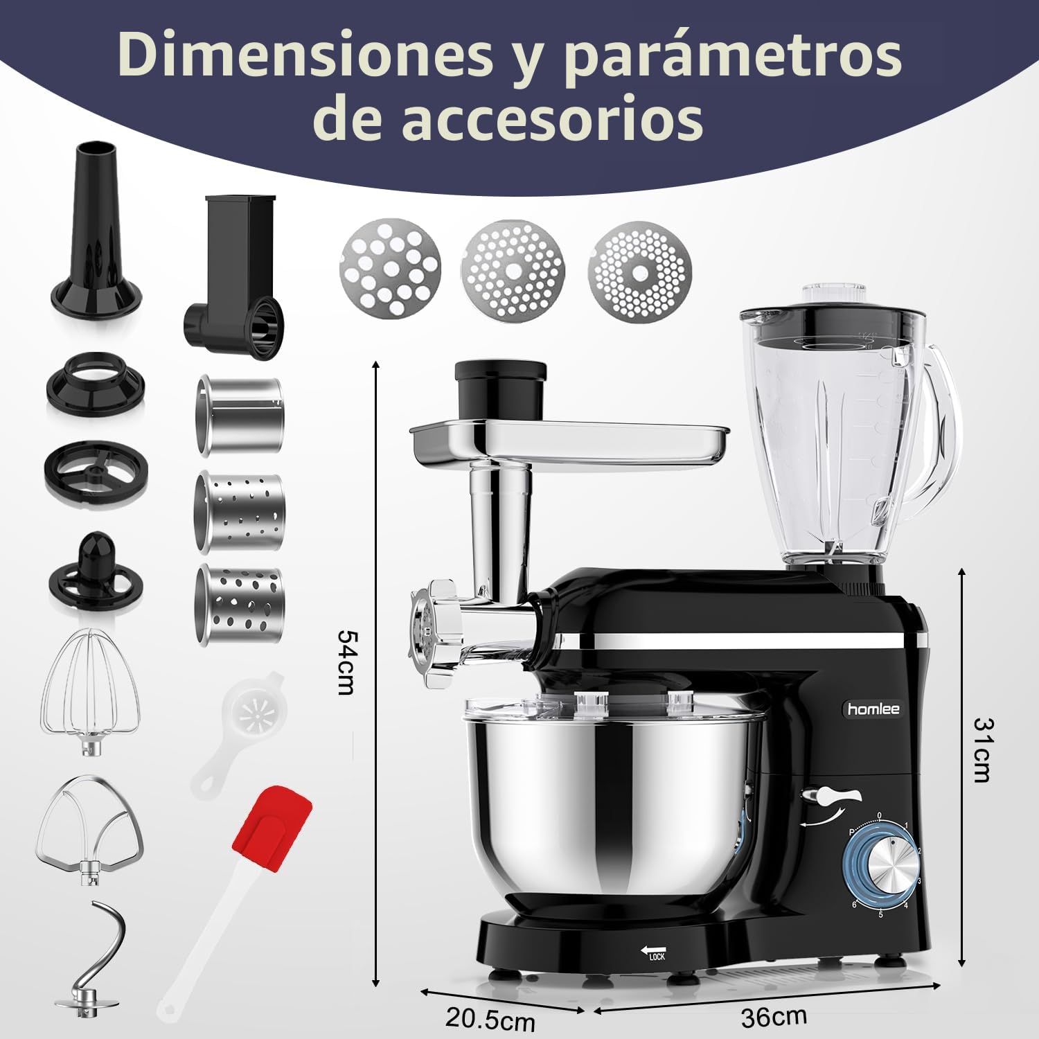 Homlee 3 In 1 Robot De Cocina con Picadora De Carne y Batidora,2000W Amasadora Multifunción, 5.5L Cuenco De Acero Inoxidable,1.5L Exprimidor De zumo, 6 Niveles De Velocidad