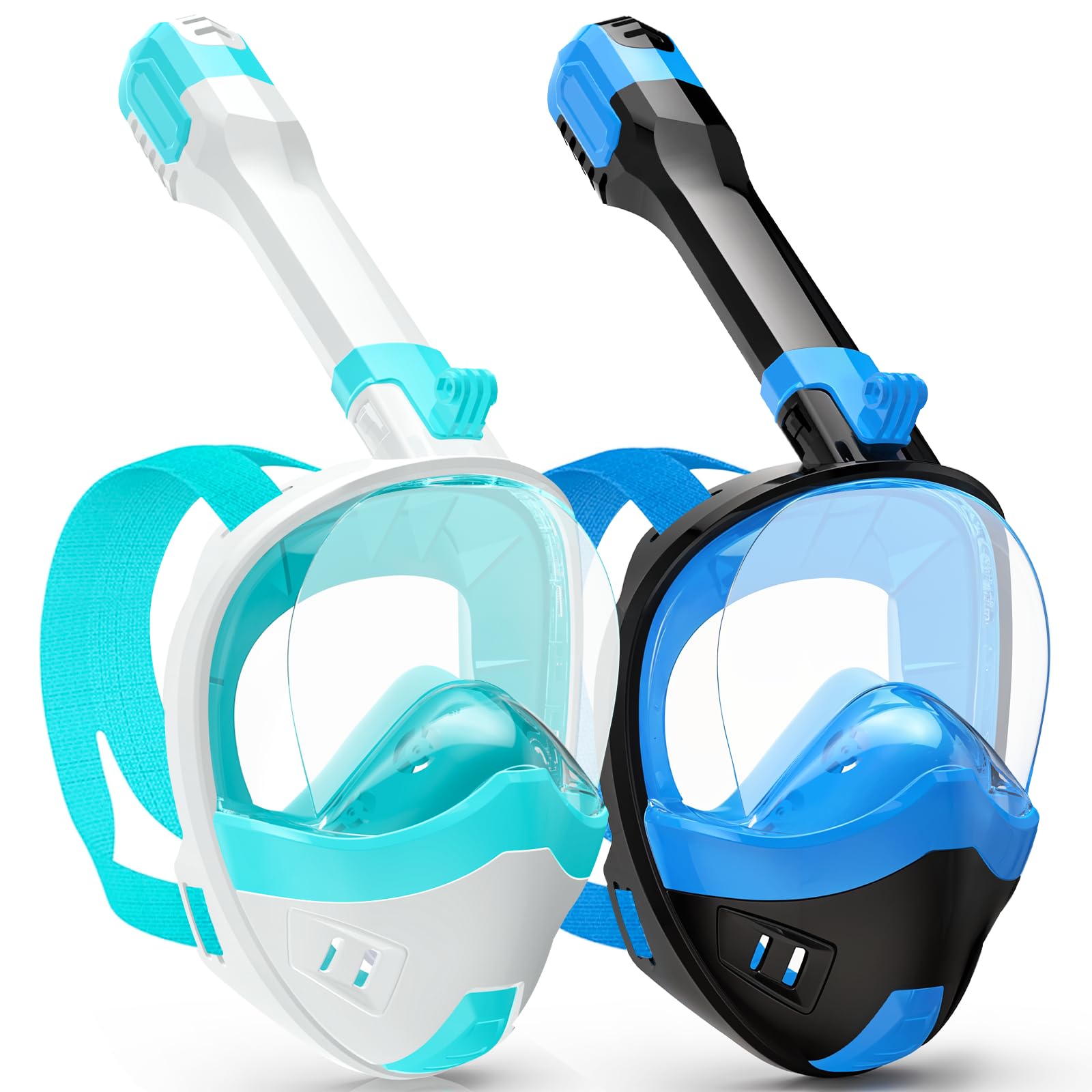 Full Face Snorkel Mask, Snorkeling Gear for Adults Kids with Latest Dry Top Breathing System and Detachable Camera Mount, with 180 Degree Panoramic View (Black Blue+White Green, S/M)