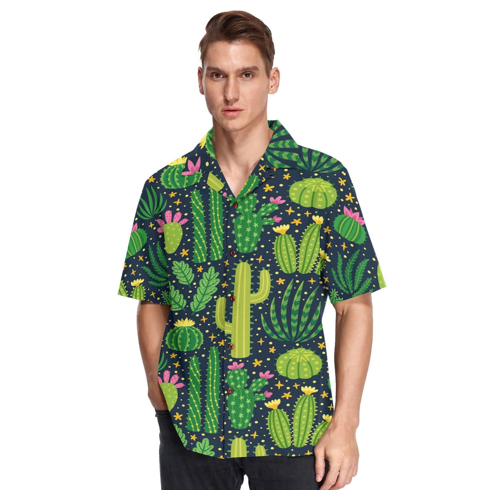 Youjuner Men's Multicoloured Short Sleeve Green Cactus Cacti Pattern Hawaiian Shirt Short Sleeve, Button Down Casual Beach Shirts Summer Shortsleeve
