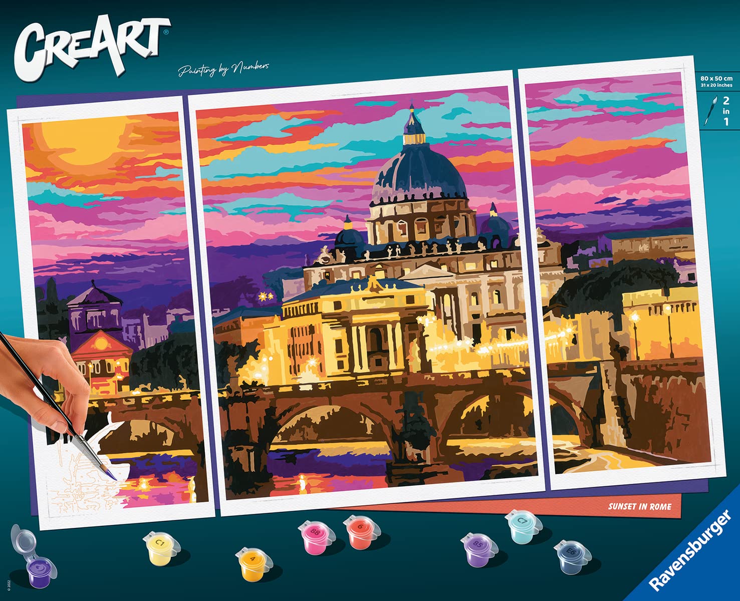 Ravensburger - CreArt Trittico, Roma, Kit per Dipingere con i Numeri, Contiene 3 Tavole Prestampate, Pennello, Colori e Accessori, Gioco Creativo e Relax per Adulti 14+ Anni