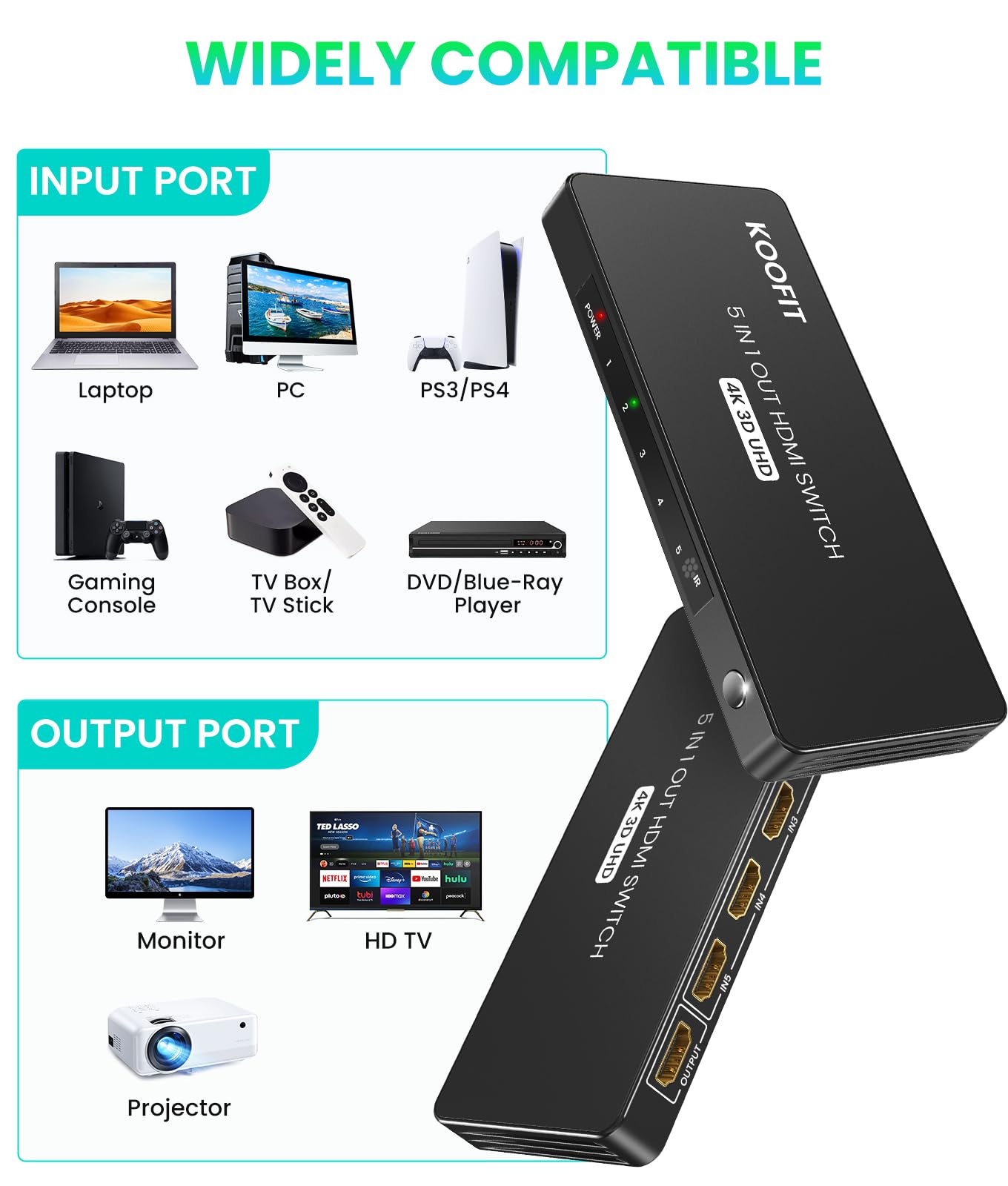 Przełącznik HDMI 5 wejść 1 wyjście, przełącznik rozdzielacz HDMI 4K z pilotem, automatyczny przełącznik obsługuje 4K 3D UHD HDR dla PS5, PS4, PS3, Roku, DVD, Blu-ray, Xbox, PC, TV