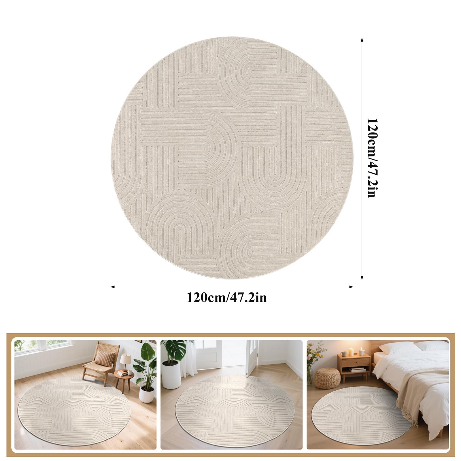 Enyhom Round Rug Fluffy Modern Washable Rugs Living Room Beige Non Slip Area Rugs for Bedroom Non Shedding Soft Carpet Rugs 120x120cm - Image 2