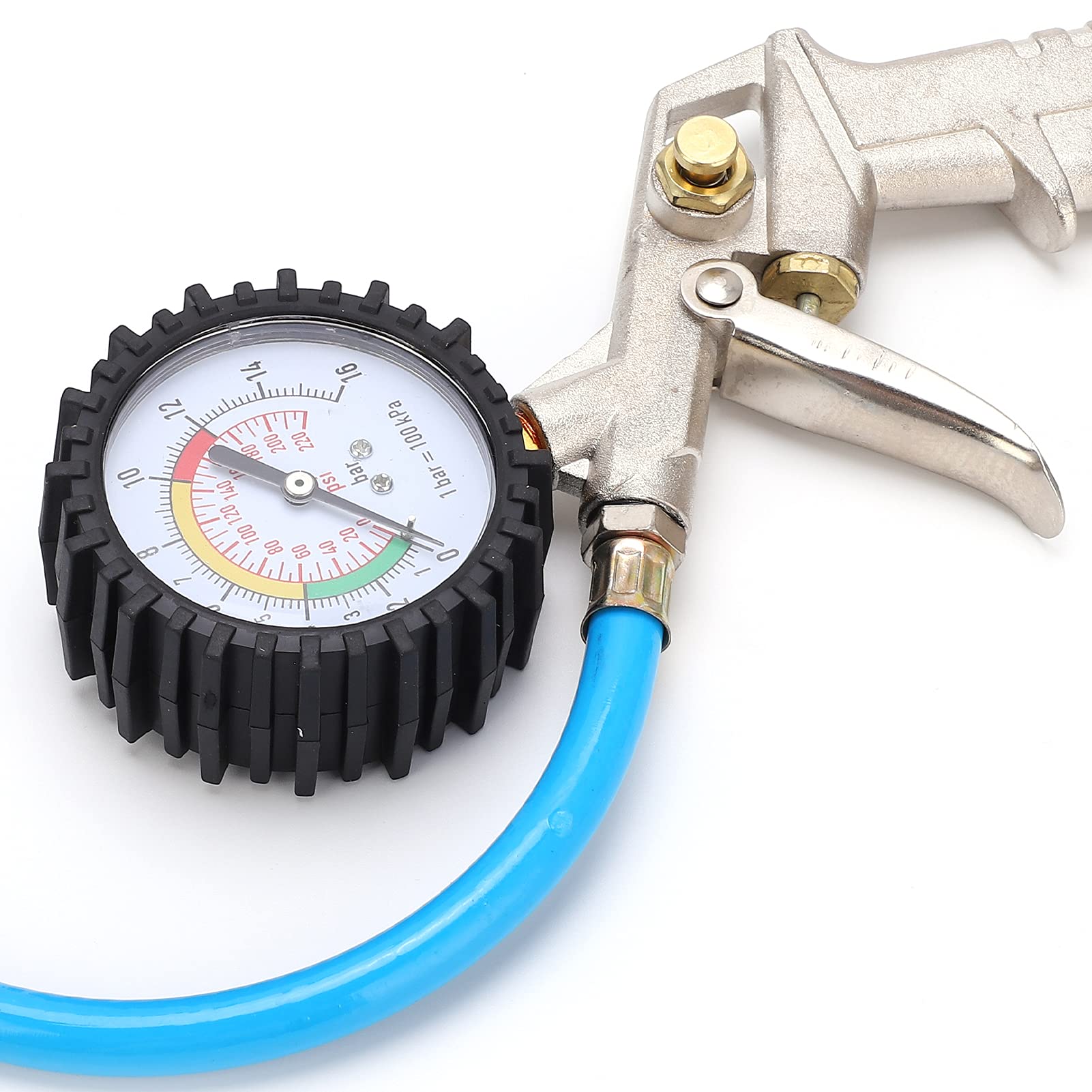Gonfiatore per pneumatici, manometro per gonfiaggio pneumatici, sgonfiaggio per gonfiaggio pneumatici con manometro 0‑220psi 16bar Mandrino ad aria universale per auto, camion, motocicli, lega di zinc
