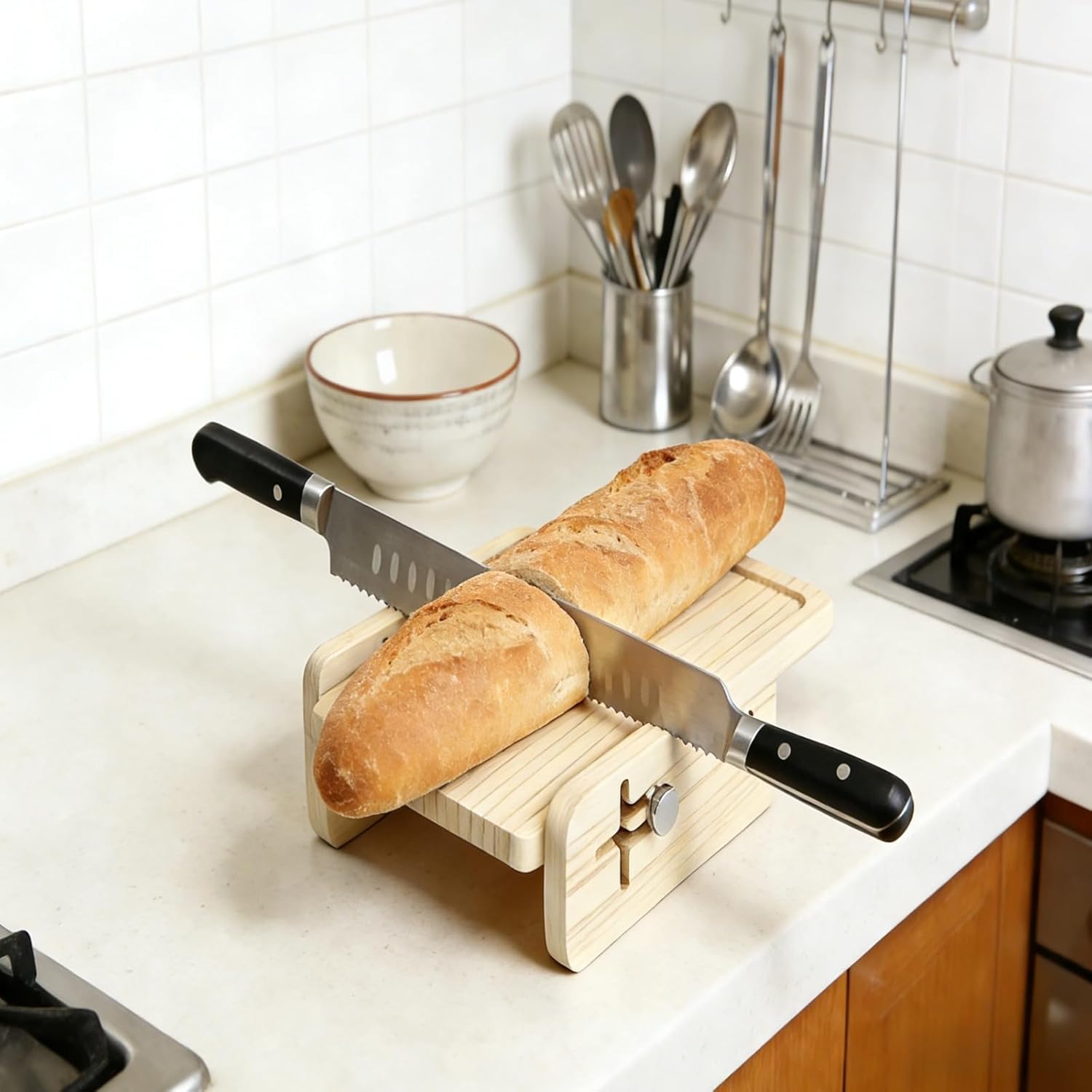 Homemade Bread Slicer, Wood Sourdough, Adjustable Thickness, 10.6 In Guide, 7.1 In Side Board, Safe, Easy To Clean