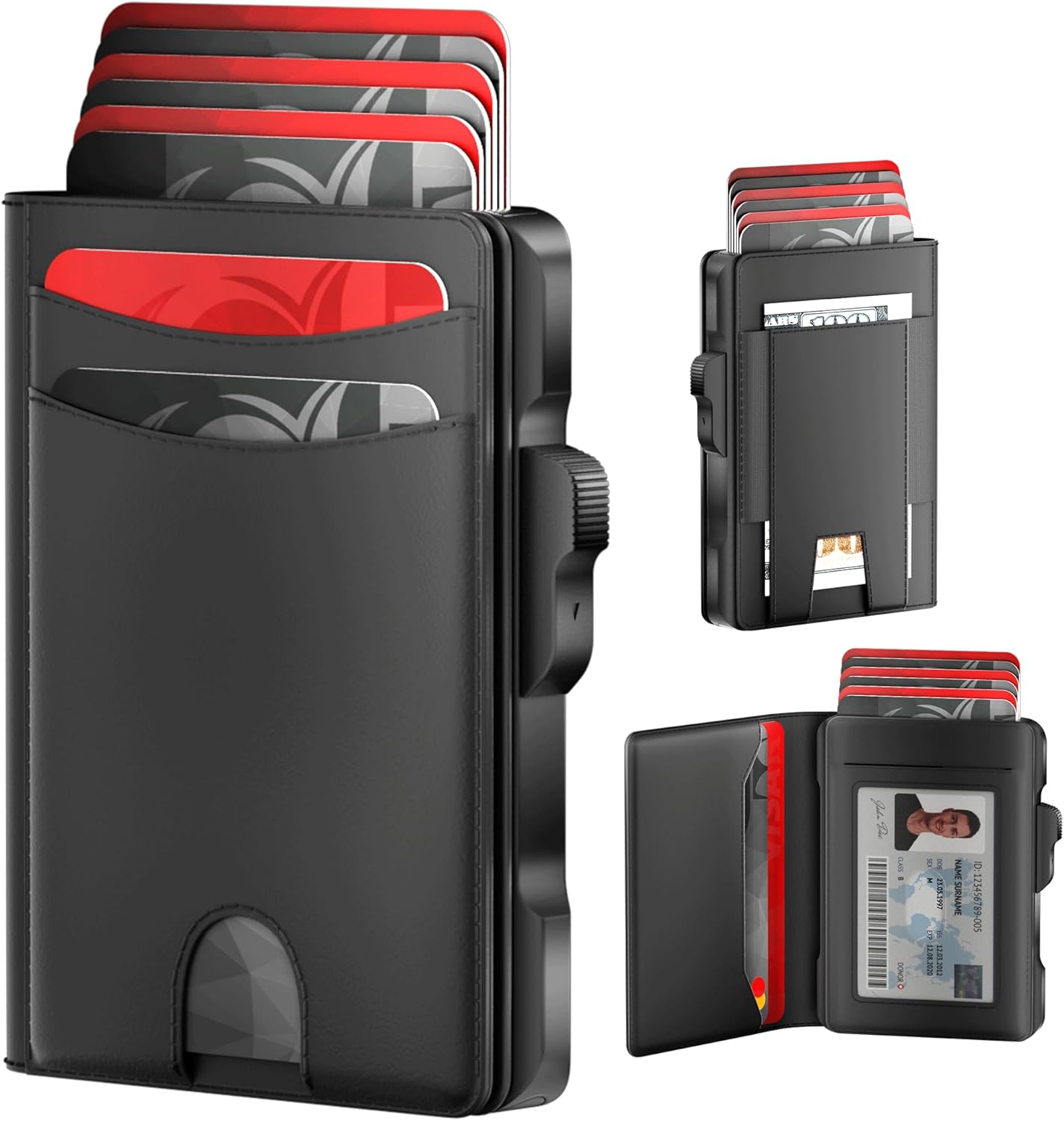 Wallet for Men Card Holder: Pop Up Card Case, Genuine Leather, Smart, RFID Blocking, Slim, Minimalist, Thin, Front Pocket, Gift Box - 10-14 Card Capacitiy, ID Window, Cash Pocket (Black)