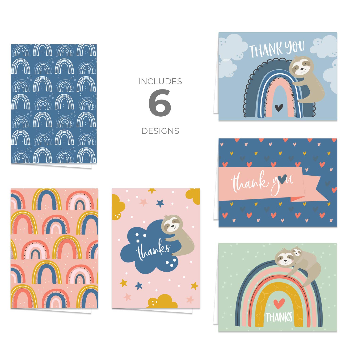 Dankeskarten mit fröhlichem Regenbogen- und Faultier-Design, 24 bunte Dankeskarten und Umschläge, 6 niedliche Designs