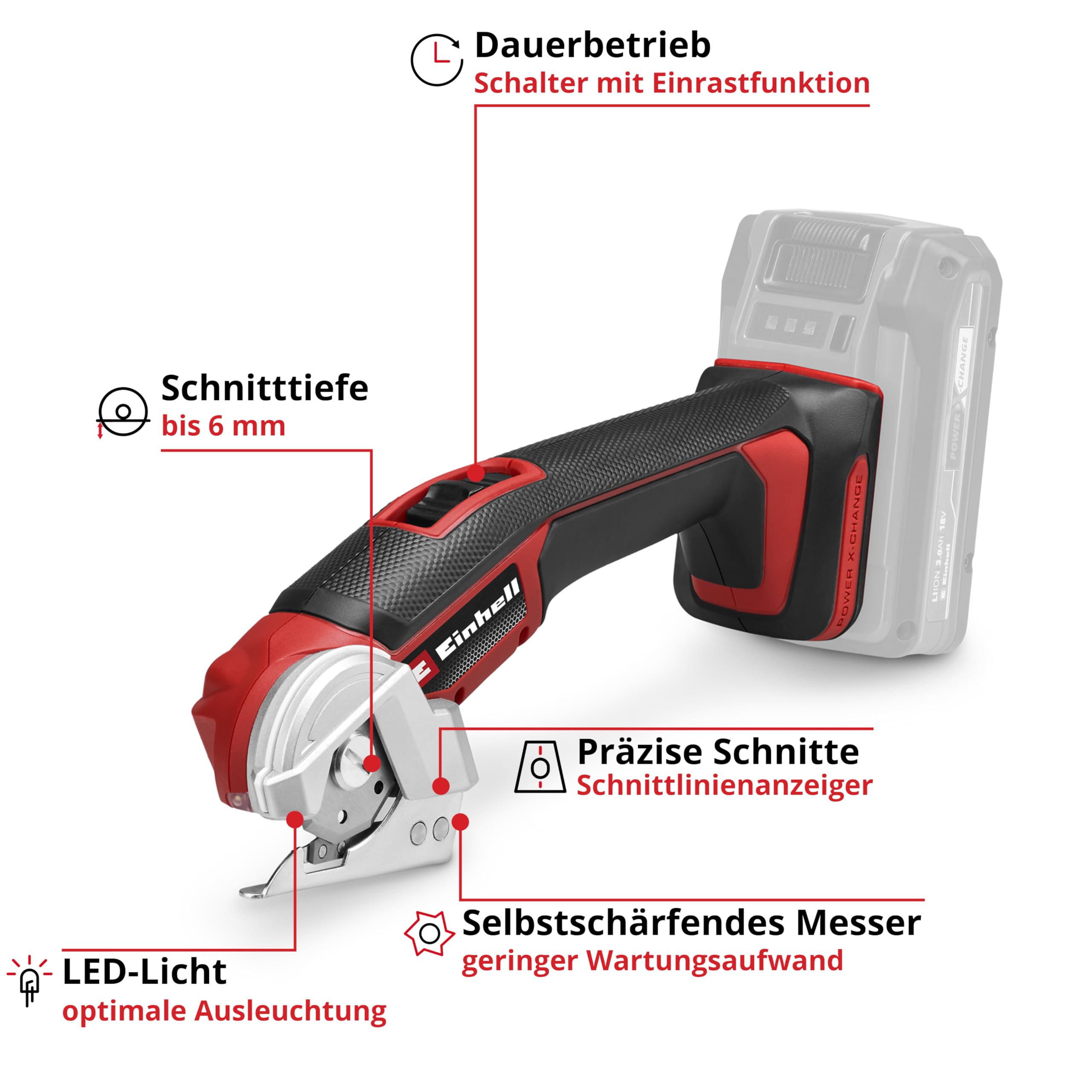 Einhell Akku-Universalschneider TE-UC 18/6 Li Power X-Change (18 V, Universalschere für Materialien bis 6 mm, LED-Licht, Schnittlinienanzeiger, inkl. 4,0Ah PLUS Akku & Ladegerät)