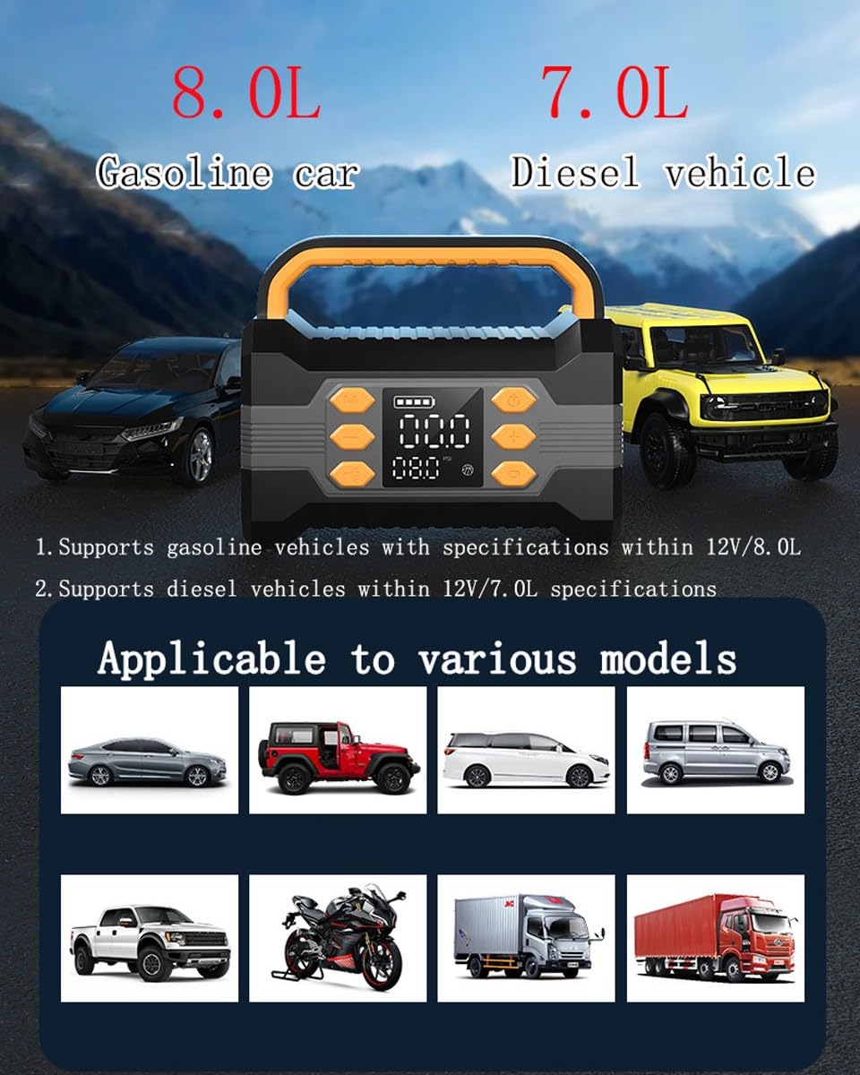 Paquete EnergíA Arranque con Compresor Aire, 150 PSI 10000 mAh 5 en 1 Banco EnergíA Arranque Emergencia AutomóVil (para AutomóVil 12 V 8,0 L Gasolina/7,0 L DiéSel) con Linterna LED(Black)