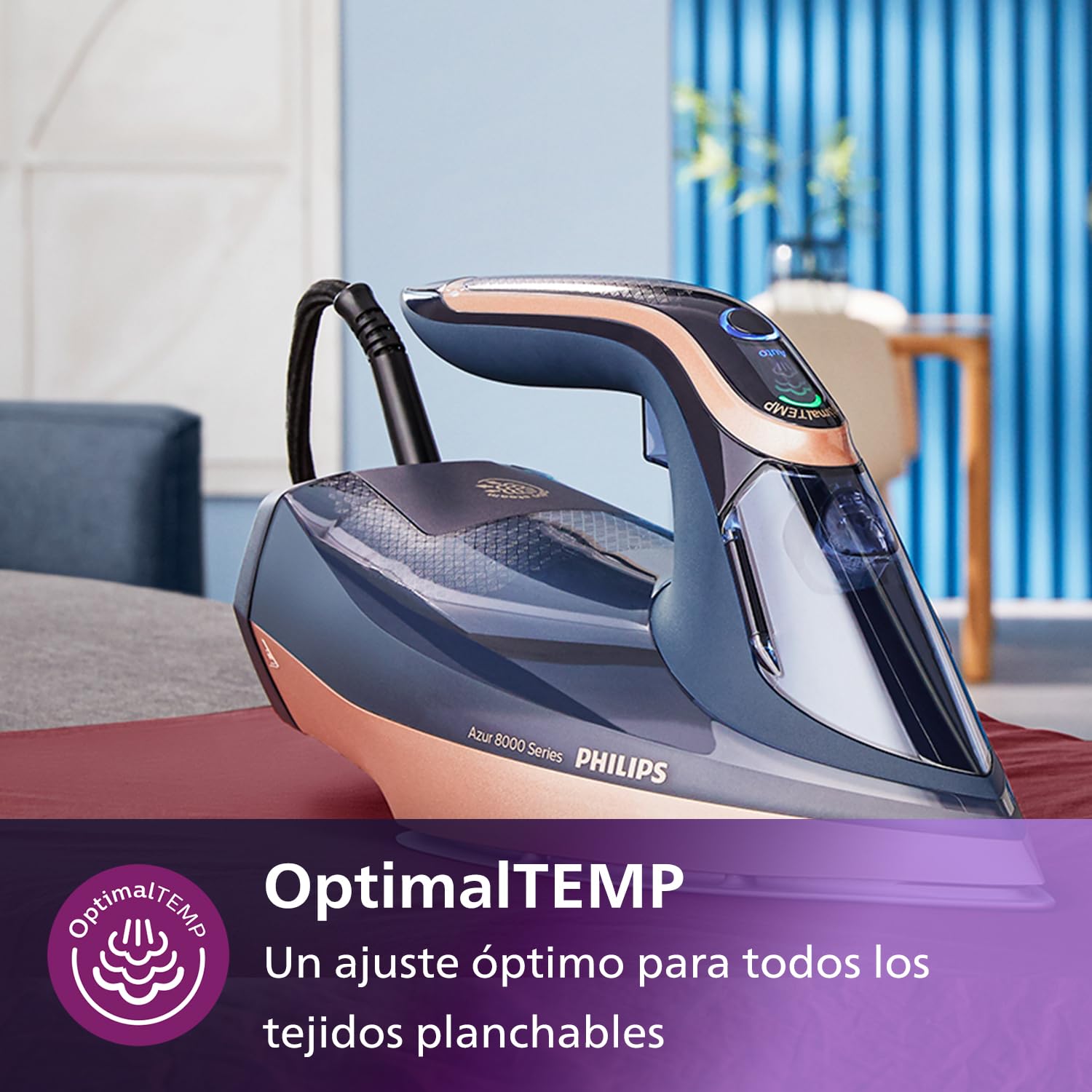 Philips Azur Serie 8000 Plancha De Vapor - 85 g/min De Vapor Continuo, 260 g De Impulso De Vapor Turbo, 3000 W, Tecnología OptimalTEMP, Suela SteamGlide Elite, Azul Oscuro (DST8050/20) | Depósito de 350 ml, sistema antical integrado, tecnología OptimalTem
