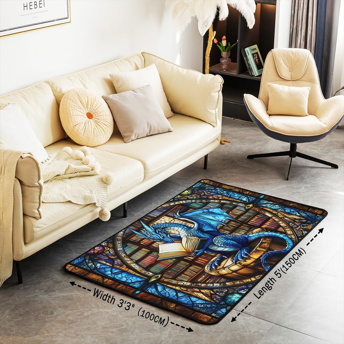 Westlicher Drache Wohnzimmer Teppich 150x200cm Geometrische Fantasy Buchregal Schlafzimmerbereich Teppich für Jungen Mädchen Trippy Chic Bodenmatte Heimdekor