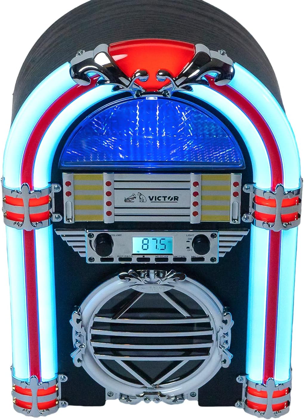 VICTOR Broadway Desktop Bluetooth Jukebox with CD Player, FM Radio, Built-in Stereo Speakers, and Color Changing LED Lighting, Black
