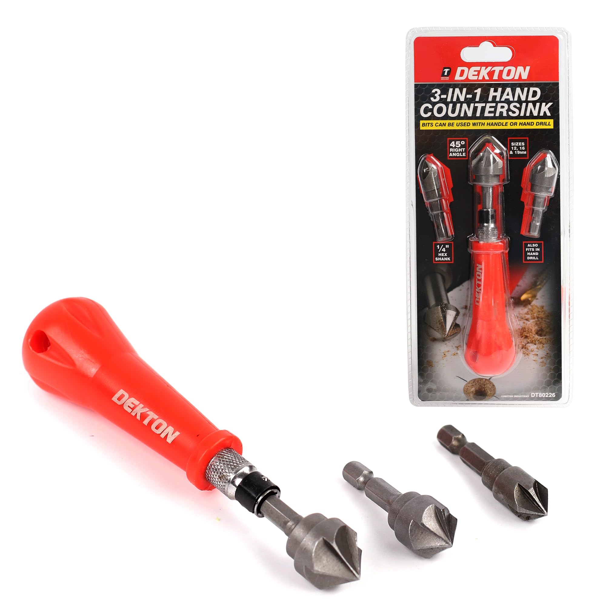 Dekton 3pc Hand Countersink Set-3 In 1 Design| Complete With Handle| Countersink Angle 45 Degrees| Used In A Hand Drill Or Drill Press| Ideal For Wood, Metal And Pvc Countersinking, By Hand Preferred