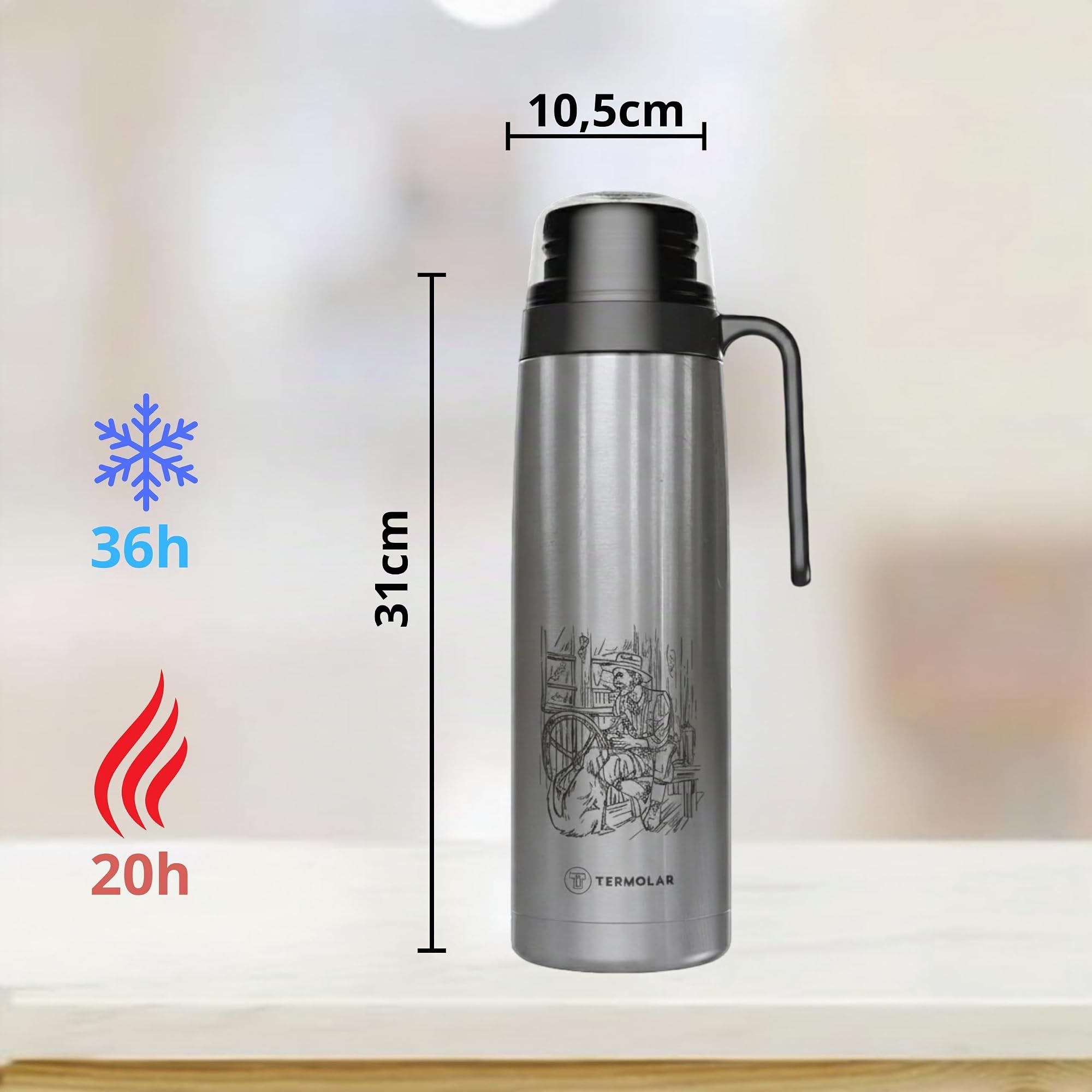 Termo R-EVOLUTION 1L con Pico Cebador para Mate y Asa - Dibujo | Acero Inoxidable 304 con Retención Térmica 20H Calor / 36H Frío - Botella Aislante de Viaje