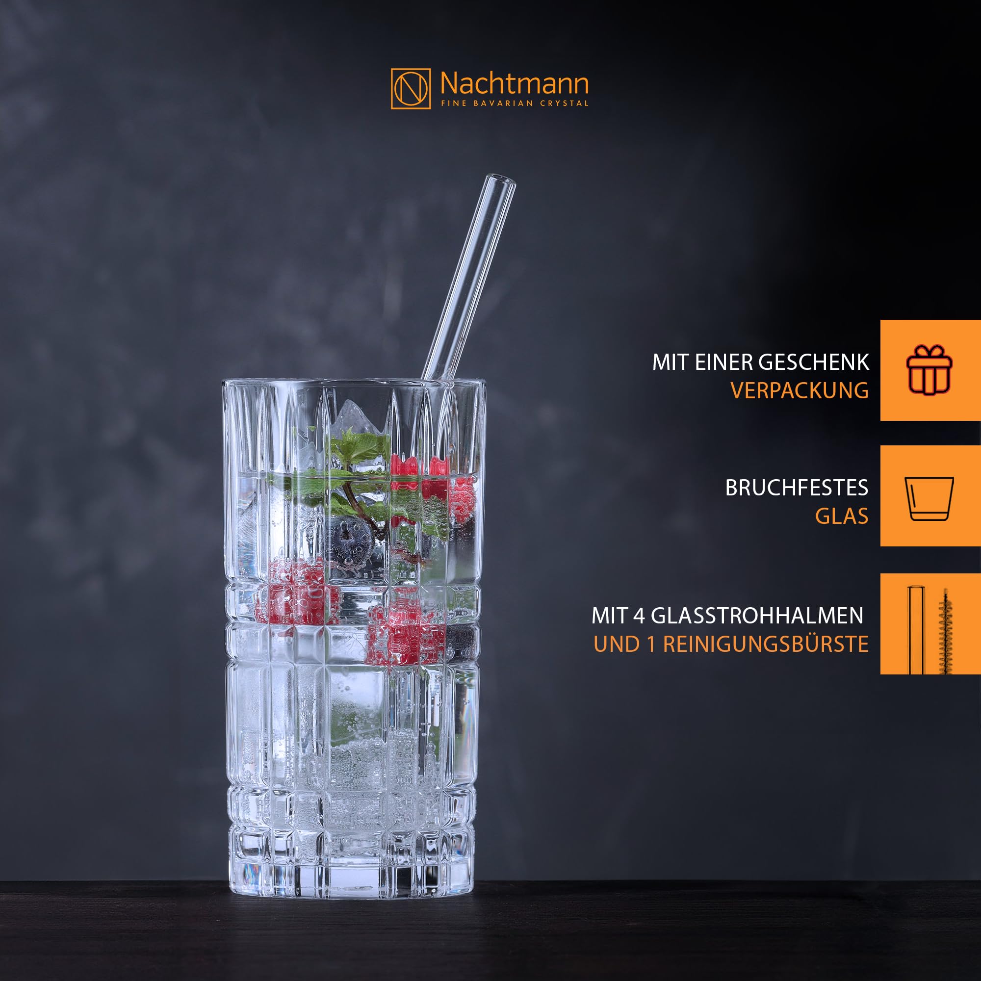 Nachtmann Bicchieri da long drink da 445 ml, 4 pezzi, con 4 cannucce di vetro e 1 spazzola per la pulizia, Tastes Good, 103144, bicchieri da cocktail in vetro di cristallo, bicchieri lavabili in