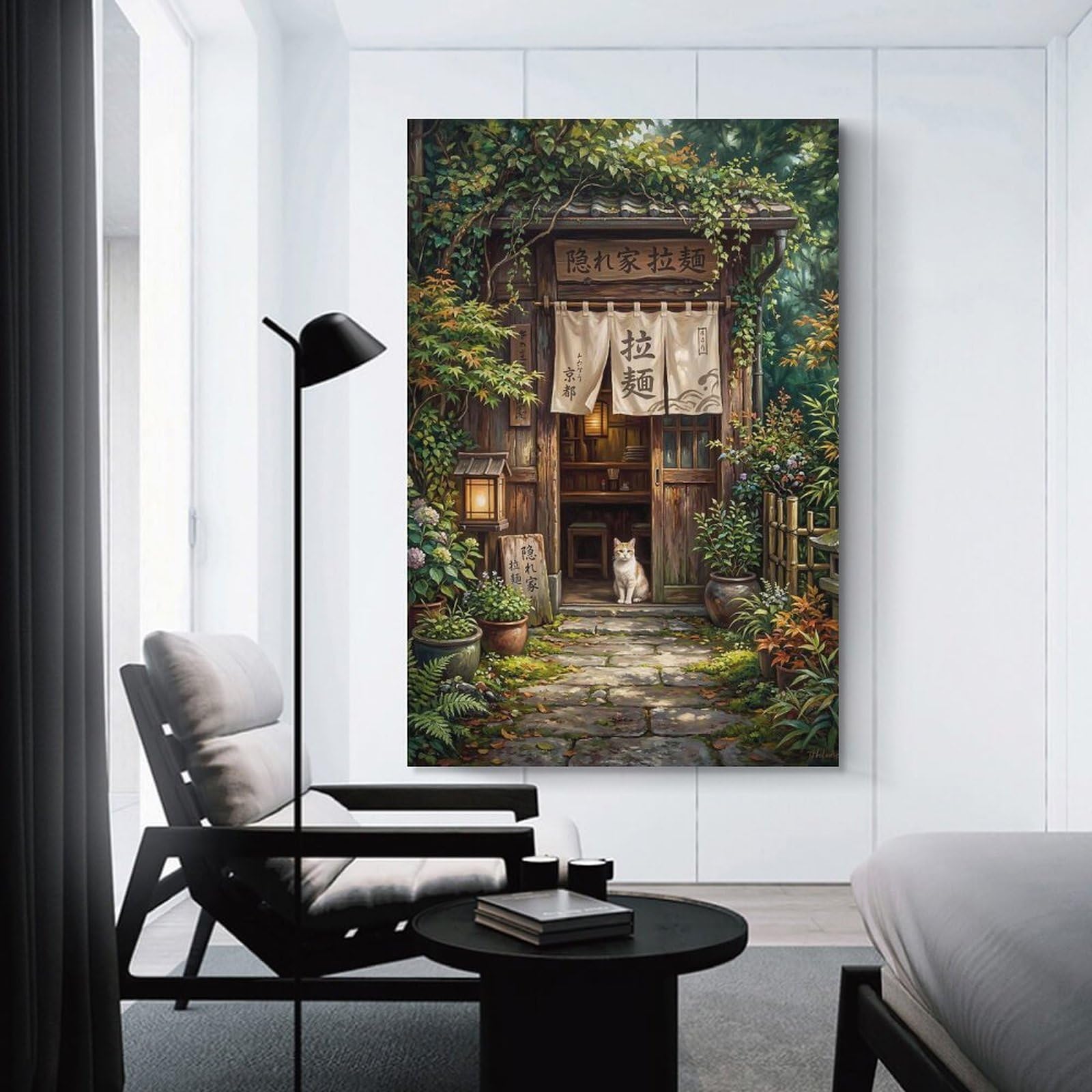 Junmoney Cozy Japanese Ramen Shop Entrance with Cat Wall Decor Canvas Print, 20x30inch(50x75cm), for Wall Displays, Bedrooms Or Room Updates, Wall Decor Suited to Curated Displays