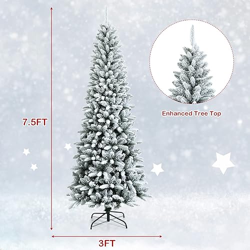Miniatura 7 de GOFLAME Árbol de Navidad artificial flocado de 7.5 pies, árbol de Navidad delgado con bisagras con 1189 puntas de polietileno y PVC, base de metal