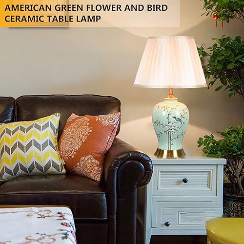 Miniatura 2 de PSXPSXO Lámpara de noche de cerámica LED de 212 pulgadas diseño de flores verdes y pájaros cuerpo clásico pintado a mano con pantalla de tela