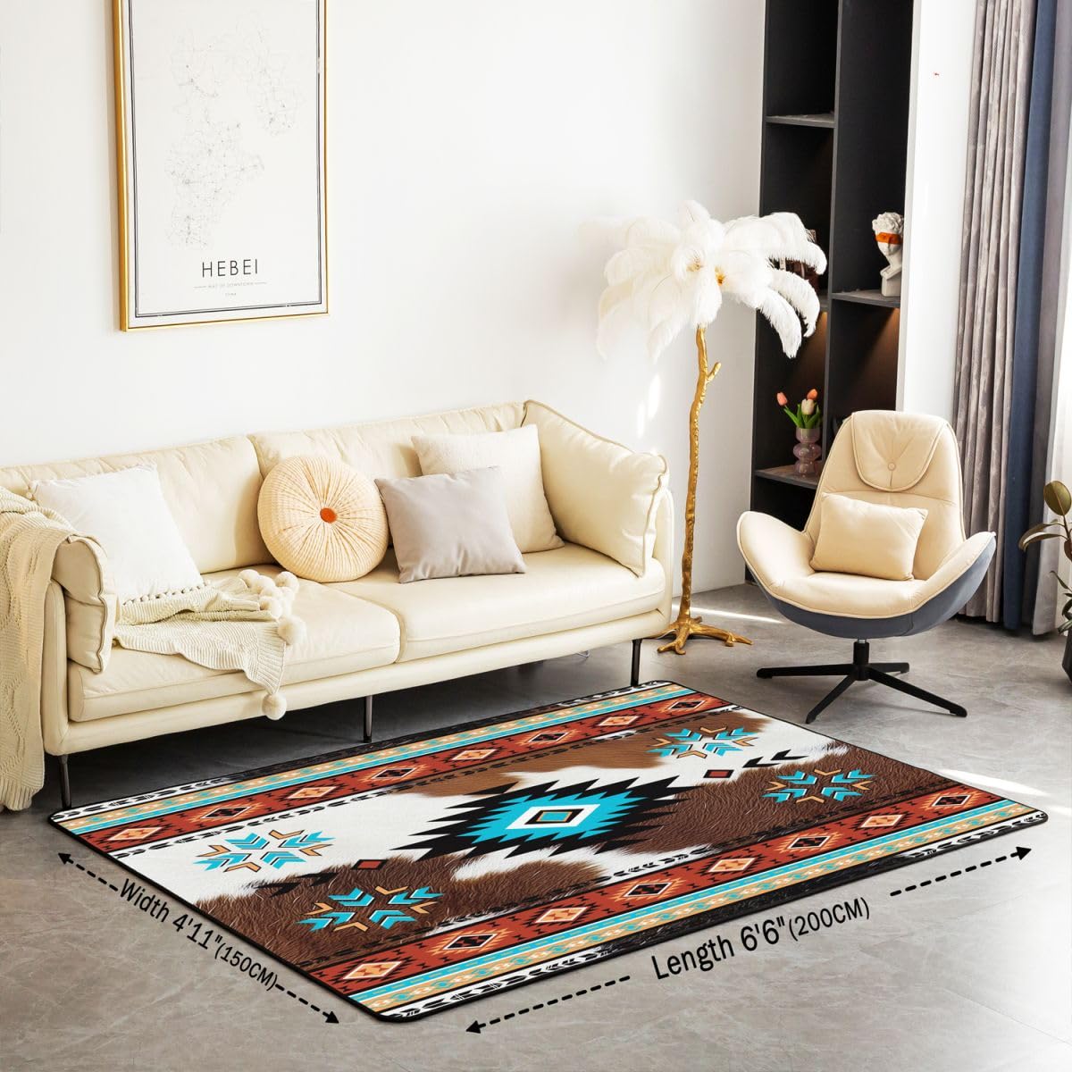 Homewish Aztecki dywan boho 100 x 150 cm do sypialni salonu - zachodnia skóra zwierząt gospodarskich nowoczesny dywan podłogowy turkusowy brązowy wzór duże dywany boho rustykalna skóra bydlęca nie