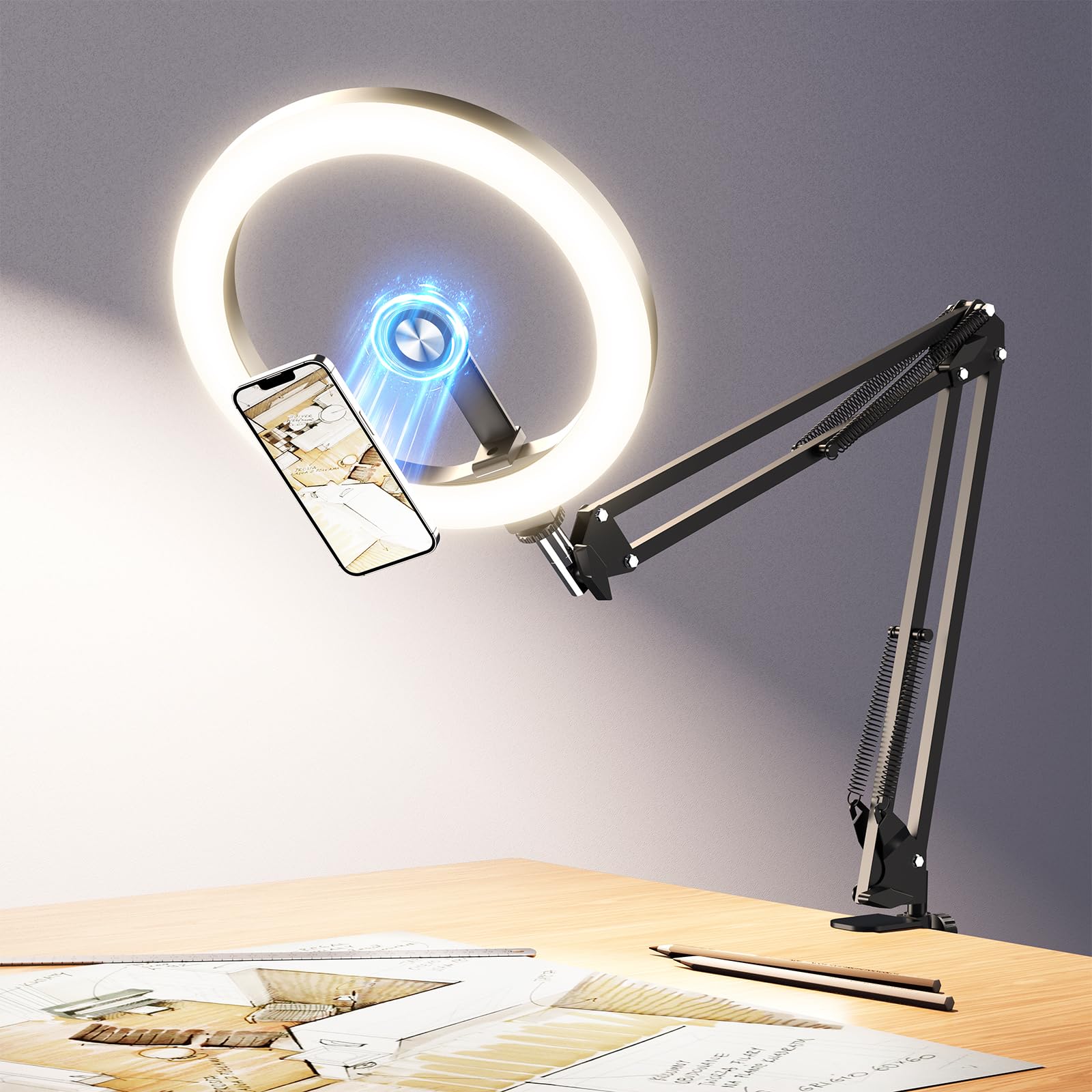 Anneau lumineux magnétique pour caméra de bureau, lumière selfie de 10" pour iPhone avec support de téléphone compatible MagSafe pour enregistrement vidéo, réunion zoom, diffusion en direct