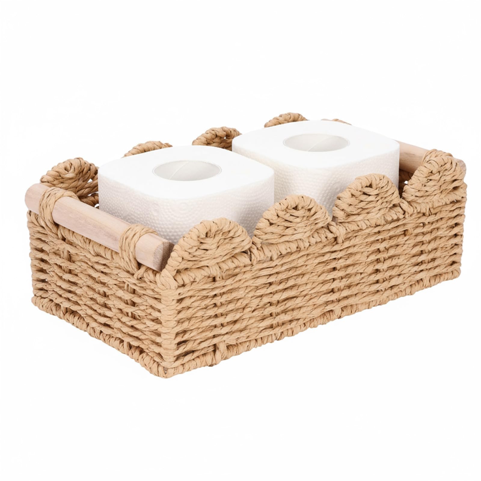 Punorric Toilet Paper Basket, Wicker Toilet Roll Storage with Wooden Handle, Rustic Farmhouse Bathroom Storage Basket for Space Saving, Decorative Bathroom Accessories Organiser Tray for Countertop — image 1