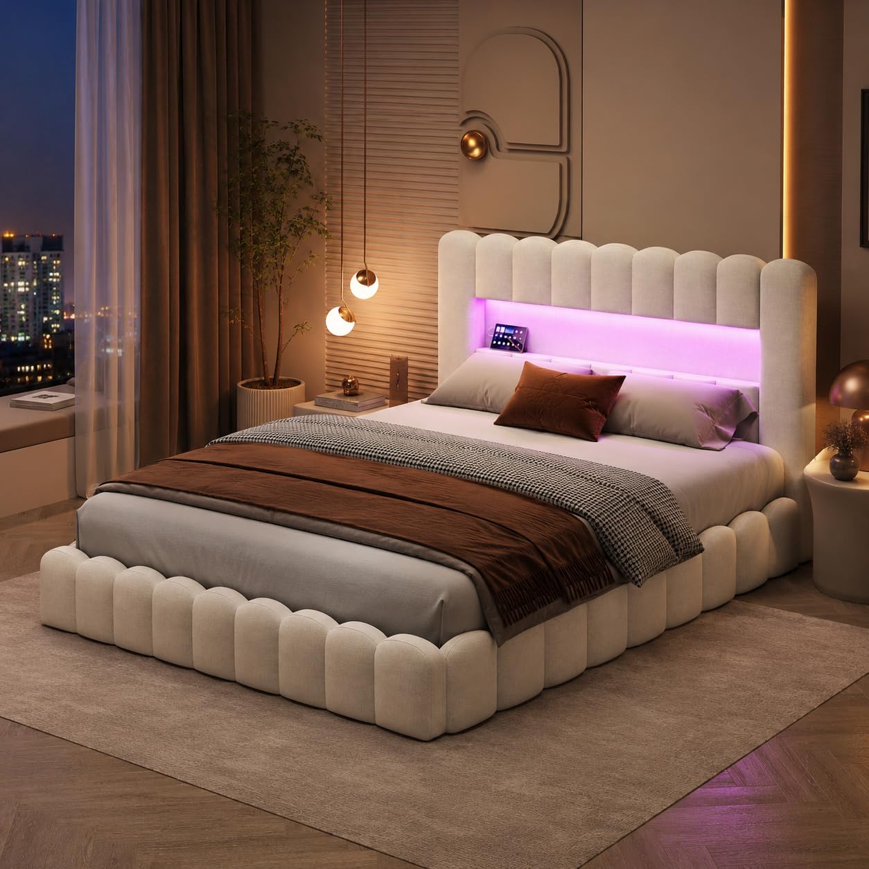 Cama Canapé Abatible 180x200cm con Almacenaje Hidráulico, Cama Matrimonio Tapizada con LED, USB y Tipo C, Cabecero Acolchado con Estante, Somier de Láminas Incluido, Lino Beige, Sin colchón