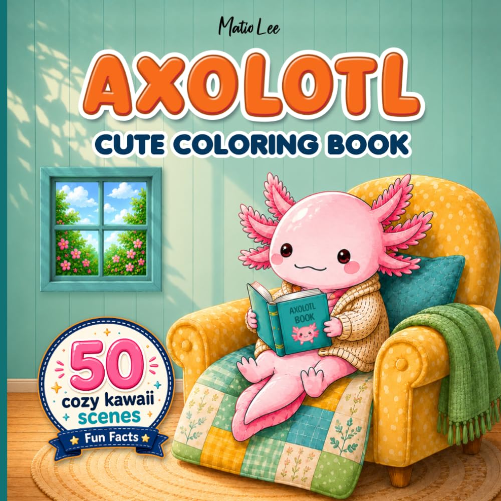 Cute Axolotl Coloring book for kids: 50 Cozy Kawaii scenes & 50 Fun Facts about Axolotls