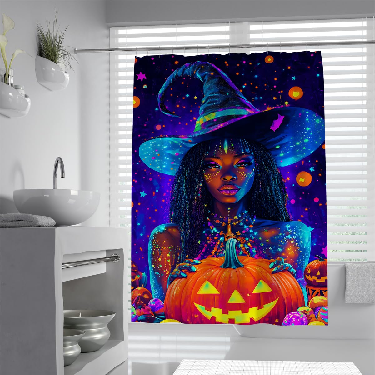 Witch Duschvorhang Black Girl Purple Pumpkin Badezimmer Deko 180x180cm