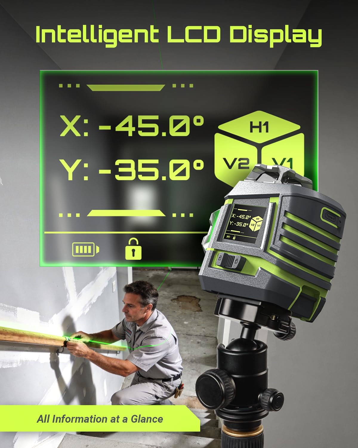 LASGOO 3D-Ultra 12 Linien Selbstnivellierender Kreuzlinienlaser 3x360° mit LCD-Display, Fernbedienung, 2 Akkus & Magnetständer, für Bau und Bildaufhängung