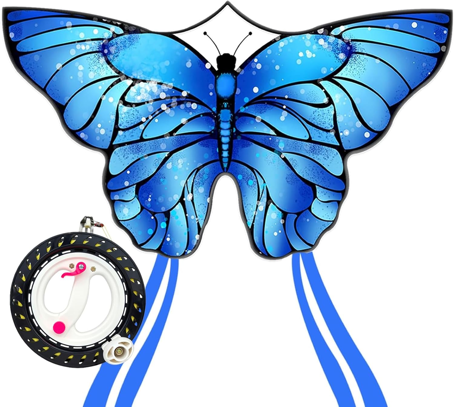 Bright Blue Butterfly Kites with 8.3in Black Kite Reel, Easy to Fly for Kids and Adults