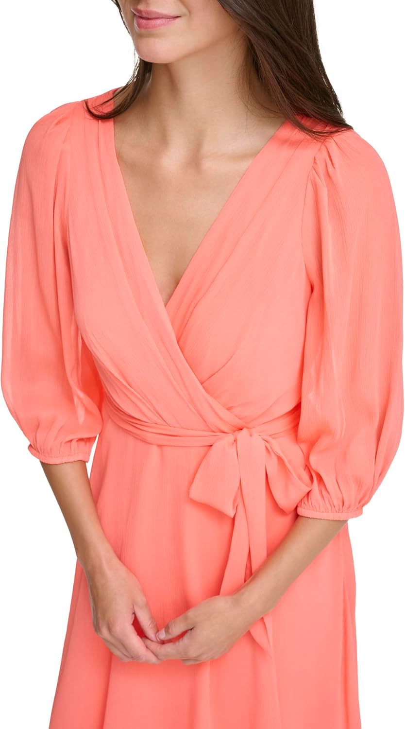 DKNY Womens Balloon Sleeve Faux Wrap Midi Dress - Image 2