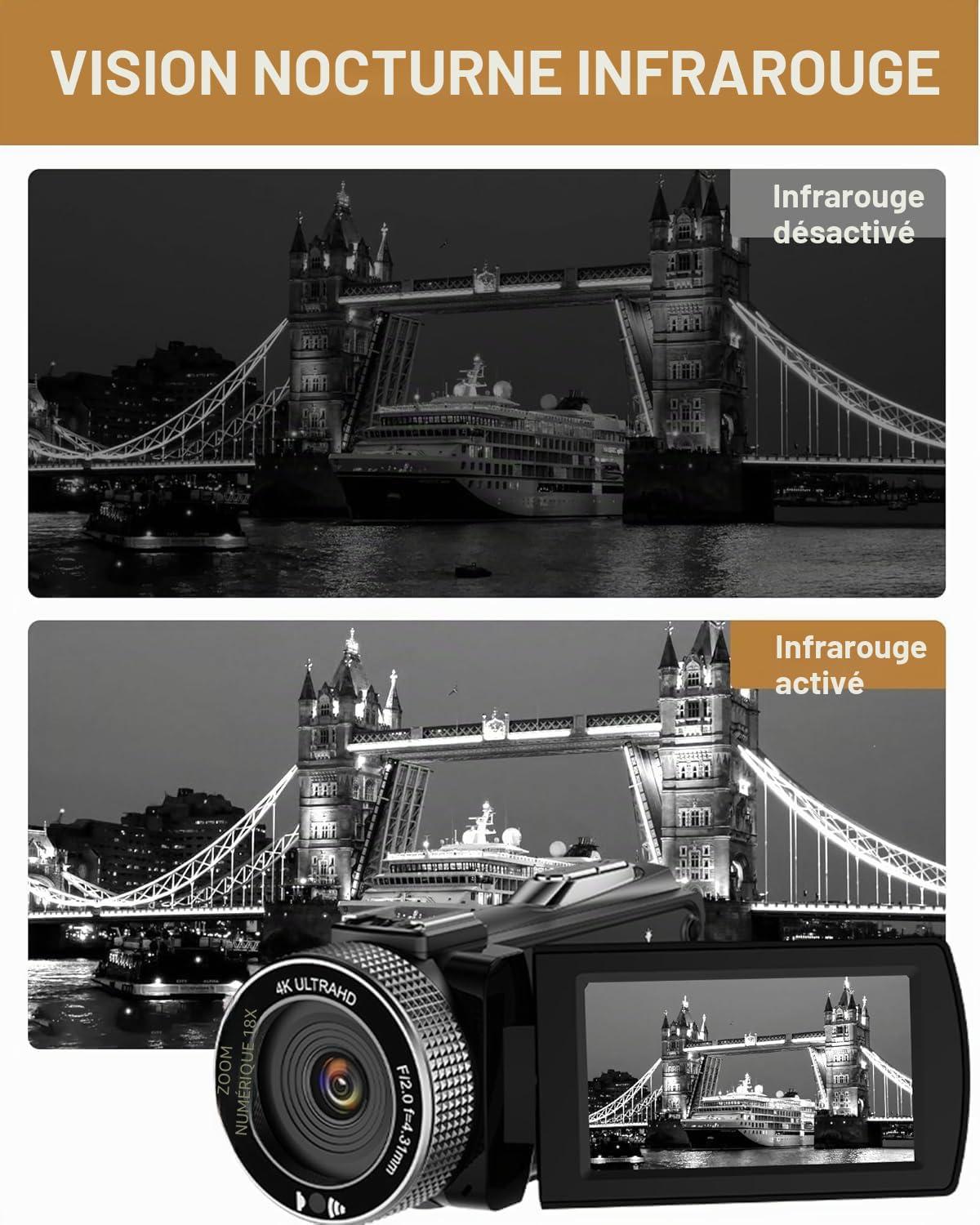 Caméscope 4K 48MP Vision Nocturne IR Zoom Numérique 18X Écran Tactile 3,0 Pouces Rotation 270° Caméra Vlogging avec Télécommande Mic Carte 32 Go 2 Piles