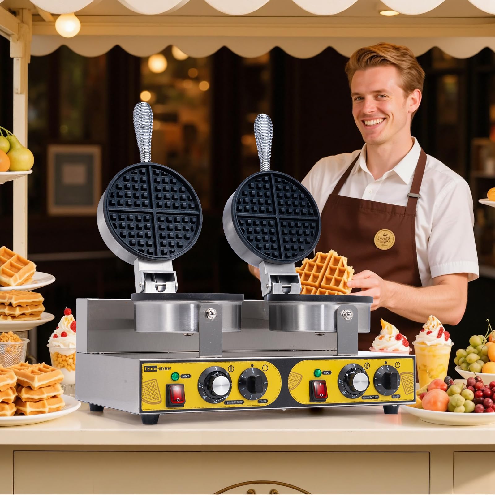 Máquina de gofres comercial de doble cabeza, 2400 W, antiadherente, máquina de gofres comercial de acero inoxidable para restaurantes, máquina de gofres grande comercial 8