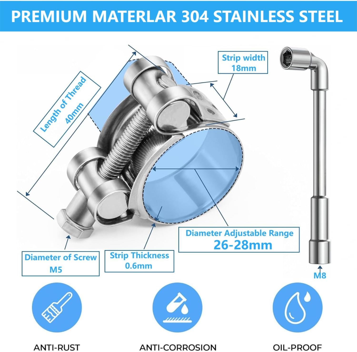 5 Pack 26-28mm T-Bolt Hose Clamps, Stainless Steel_304 Intercooler Pipe Tube Clamps, Turbo Pipe Clamps, Heavy Duty Radiator Hose Clamp, T-bolt Intake Hose Clamp Adjustable Range 1.02"-1.1"