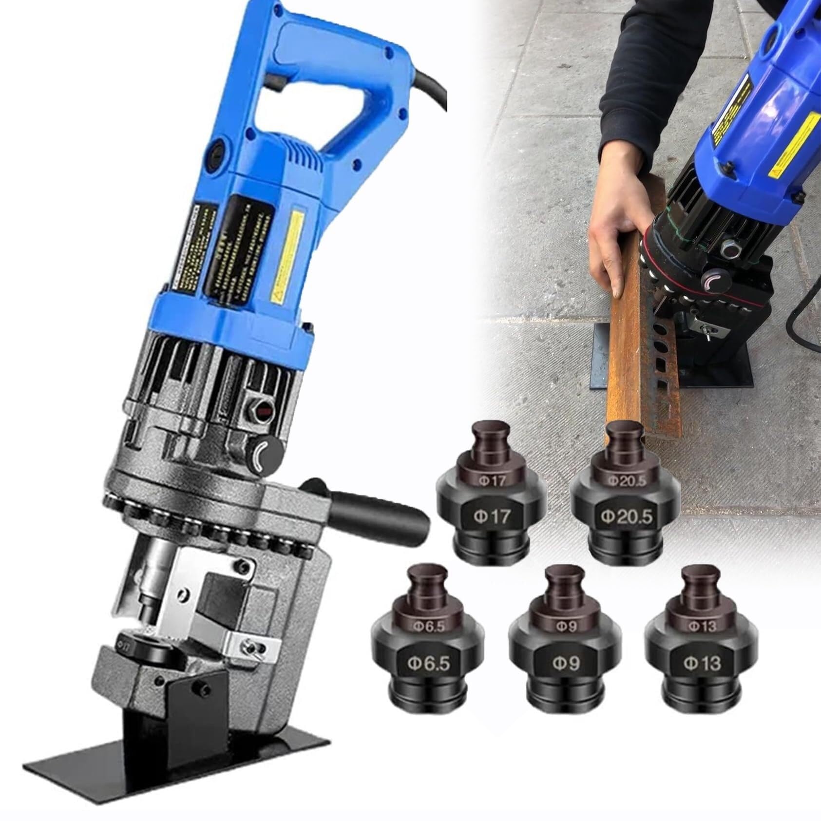 1300w Electric Hydraulic Hole Puncher Φ6.5，Φ9，Φ13，Φ17，Φ20.5mm Dies,Electric Hydraulic Hole Punching Tool Punching Tool Hole Digger for Steel,Iron,Aluminum,Copper (Color : Anglesteel)