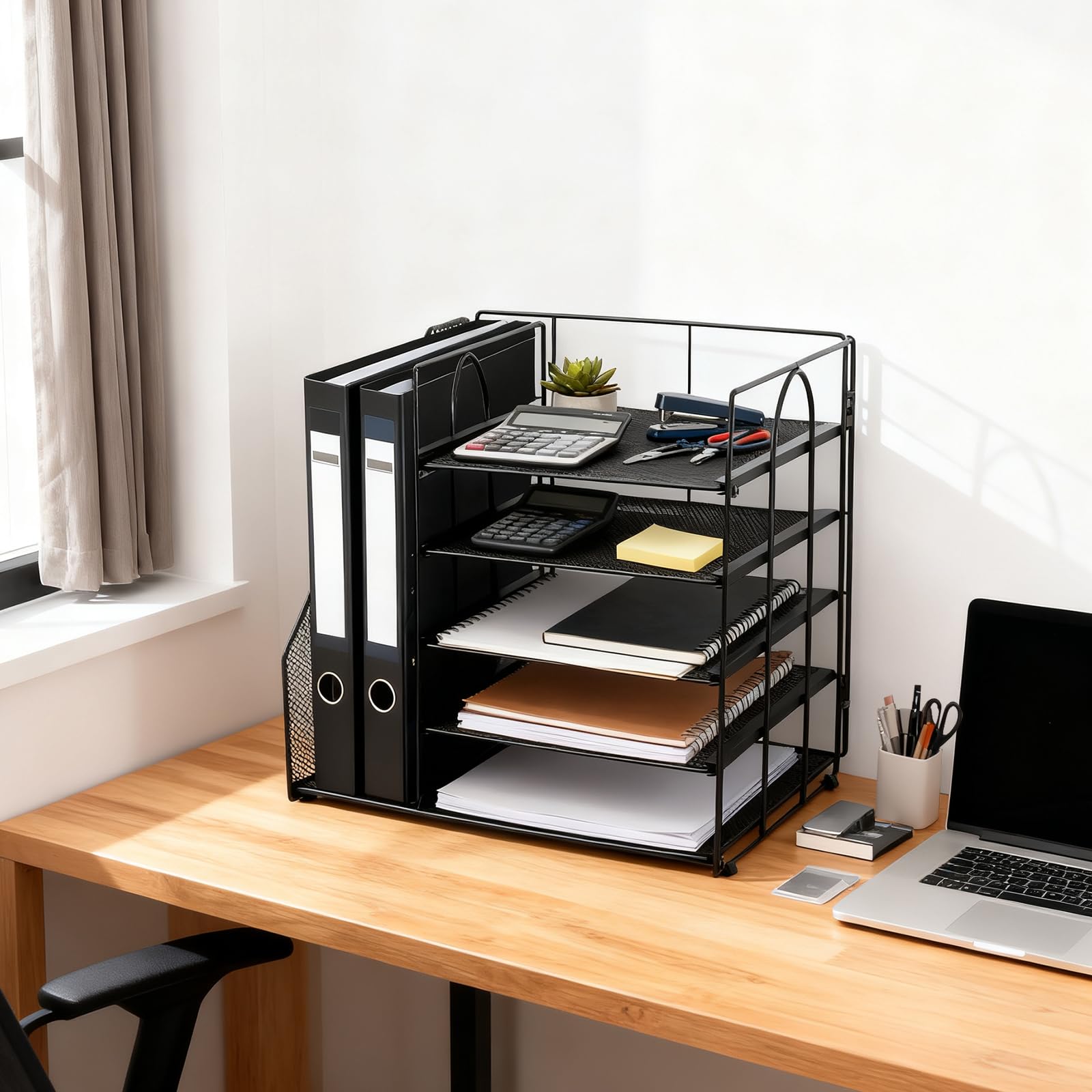 Esyhomi Desk Organiser with File Holder, 5-Tier Paper Tray Organiser, Mesh Desktop Storage with Magazine Holder for Books, Documents, A4 Files, Letter Magazine Tray for Home Office Supplies - Image 3