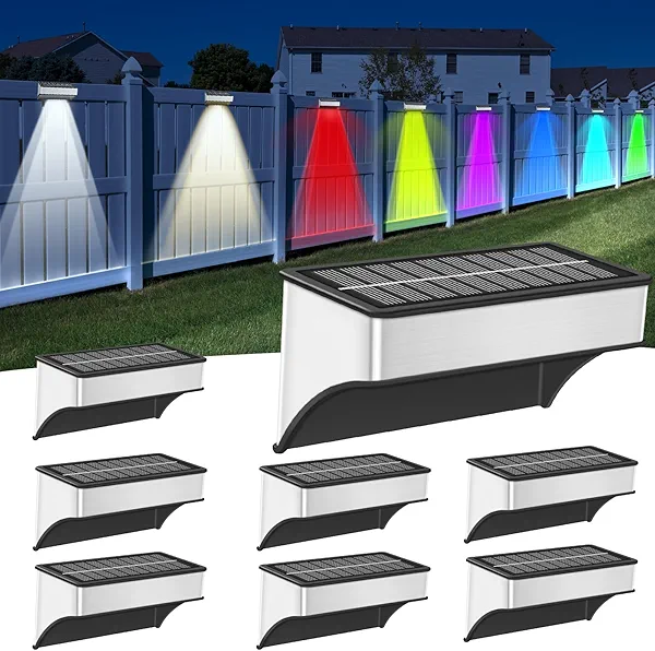 Solar Fence Lights Outdoor, LED Step Lights with 9 Lighting Options, Stainless Steel & IP65 Waterproof, Dusk to Dawn, Wall Lamps for Outside, Deck, Steps, Patio, Backyard Decor (8 Packs)