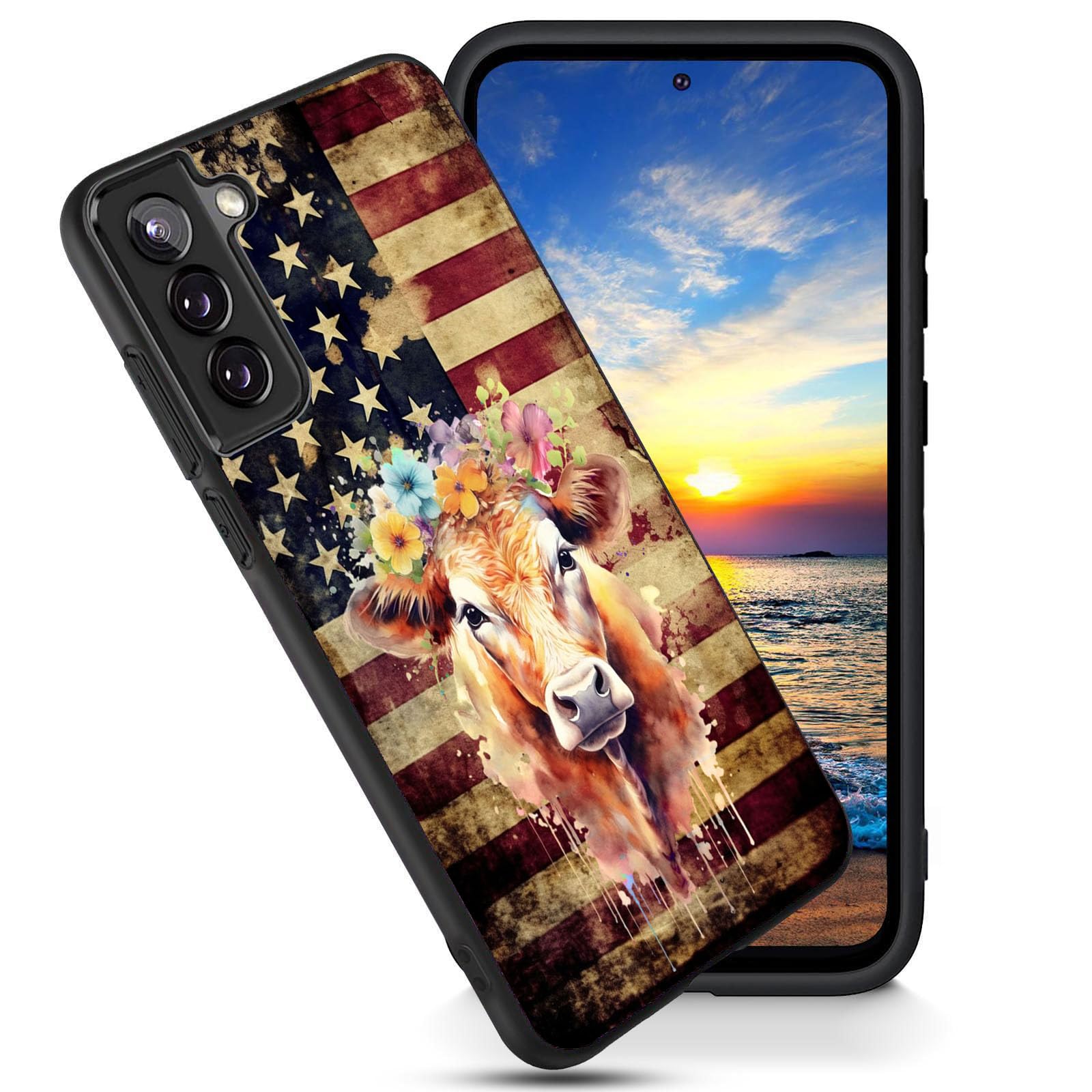FGDRFGRW Designed for Galaxy S24 Plus Case,Soft Frosted TPU Ultra Thin Cover,Shock-Absorption,Anti-Scratch Protective Case for Samsung Galaxy S24 Plus 6.7",American Flag Cow