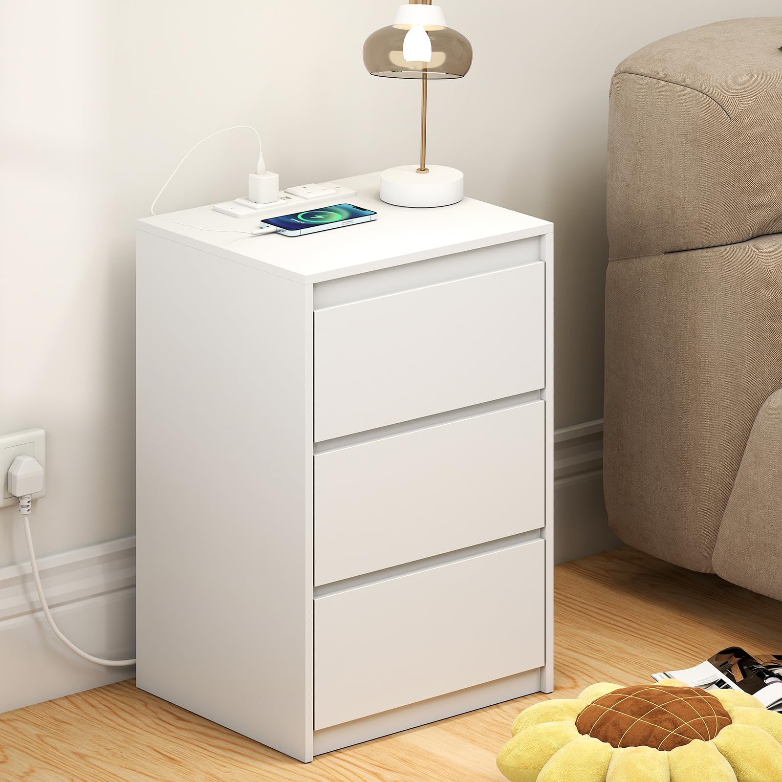 YOSHOOT Bedside Table, Nightstand with 3 Drawers and Power Station, Modern End Table, Wooden Storage Side Table for Living Room Bedroom, 40 * 35 * 59.5cm (White)